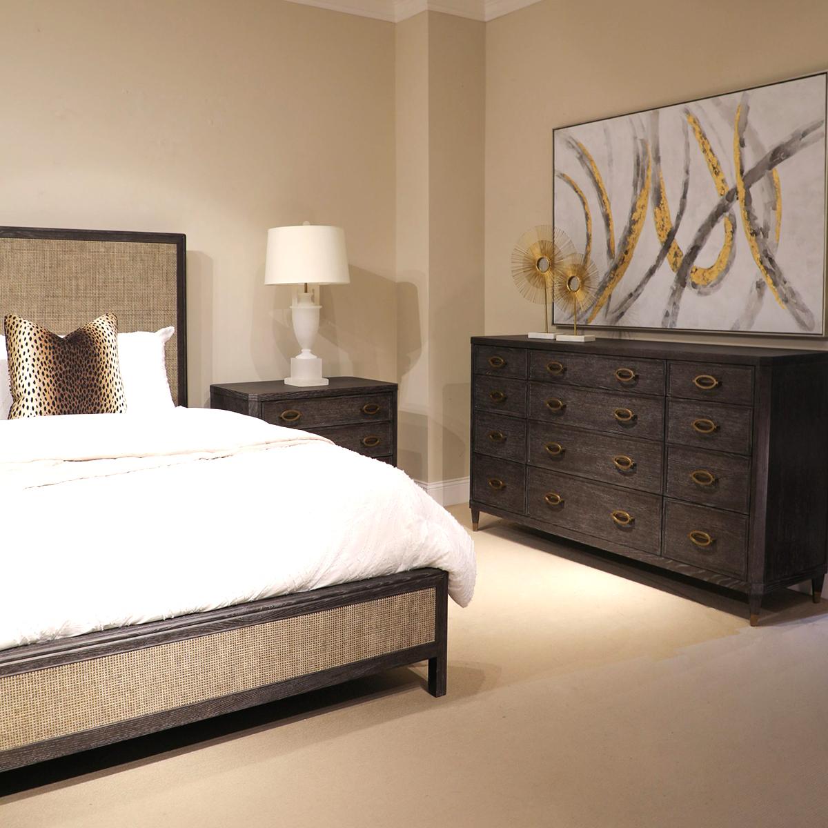 Midnight Modern Bed with a dark cerused finish to the frame. A classic design with an updated look. The headboard, footboard, and rails are all inset with a natural weaved caning.

Dimensions: 81.25