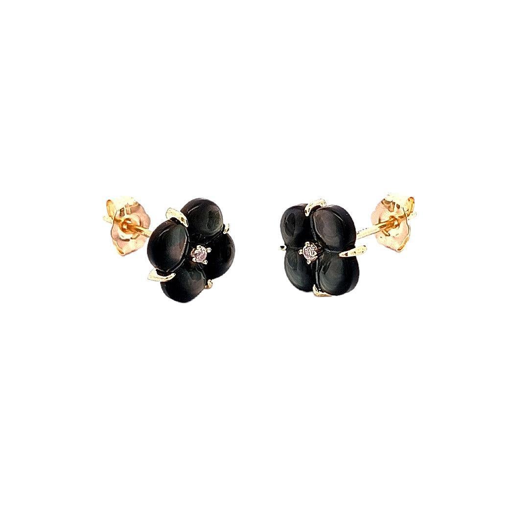 Rough Cut Midnight Mother Of Pearl Clover Natural Diamond Earring 18K Gold For Sale