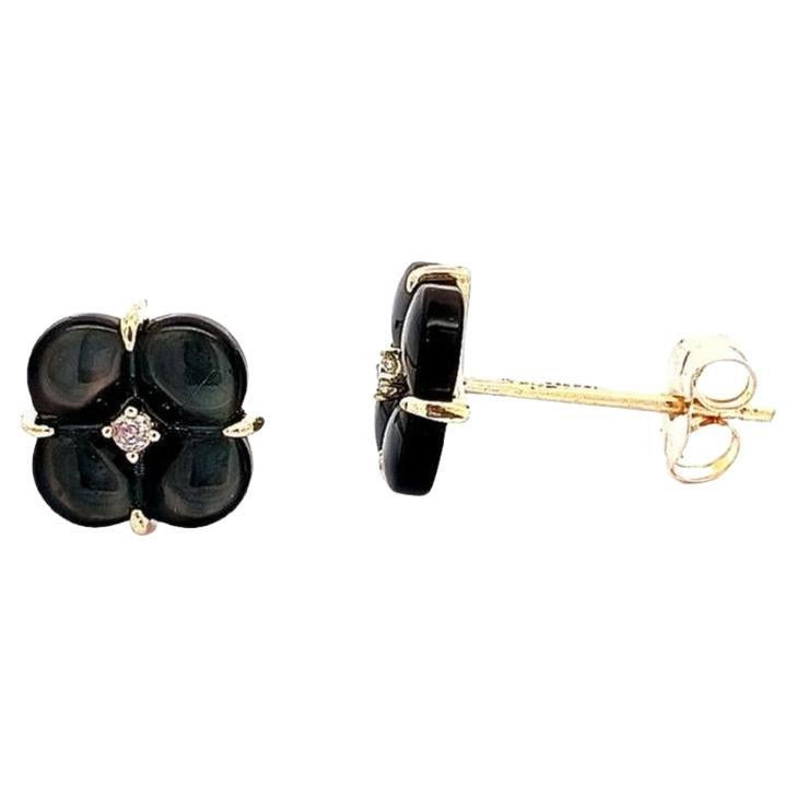 Midnight Mother Of Pearl Clover Natural Diamond Earring 18K Gold For Sale