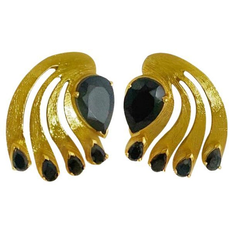 Twin Elegance Midnight Onyx Peacock Feather Earrings For Sale at 1stDibs