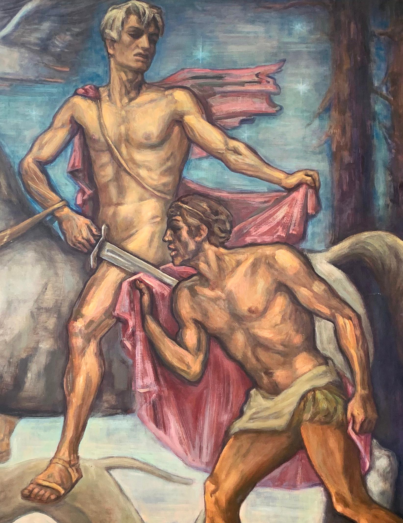 Dramatically illustrating the legend that says that St. Martin of Tours used his sword to divide his cloak and share it with a naked beggar, this large and striking Art Deco painting depicts St. Martin riding a pale gray horse, with the beggar