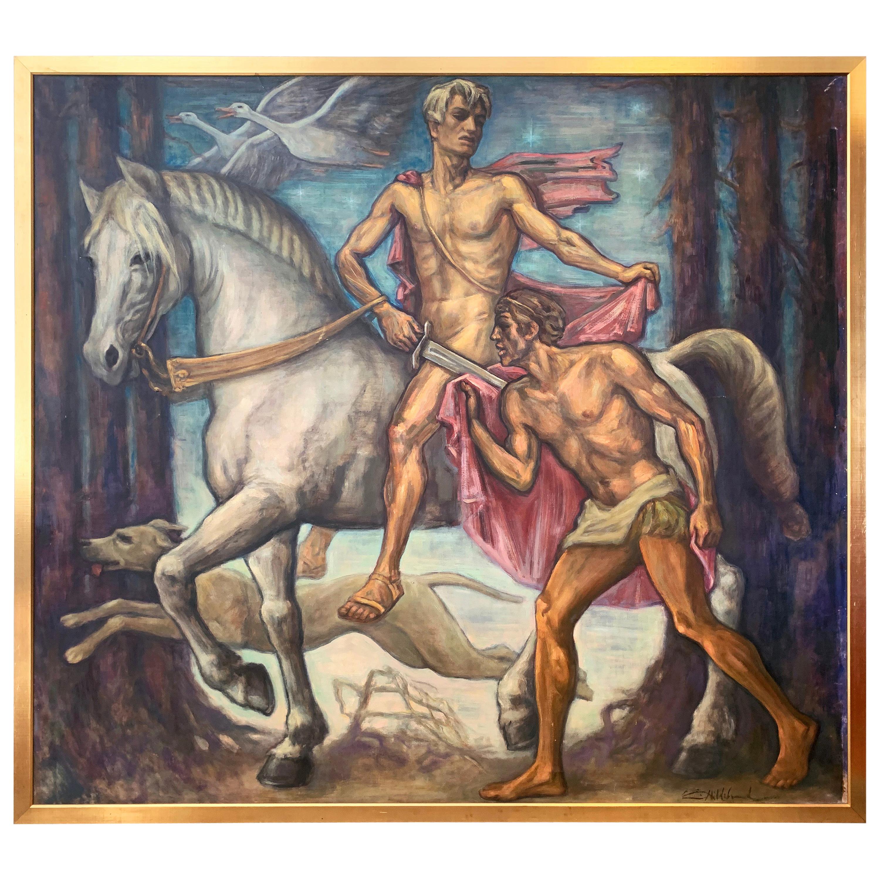 "Dividing His Cloak ," Monumental Art Deco Ptg with Nudes, St. Martin of Tours