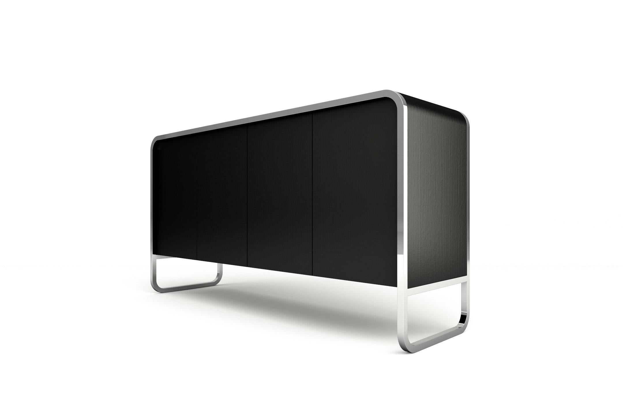 European Midnight Sideboard - Modern Black Lacquered Sideboard with Stainless Steel Legs For Sale