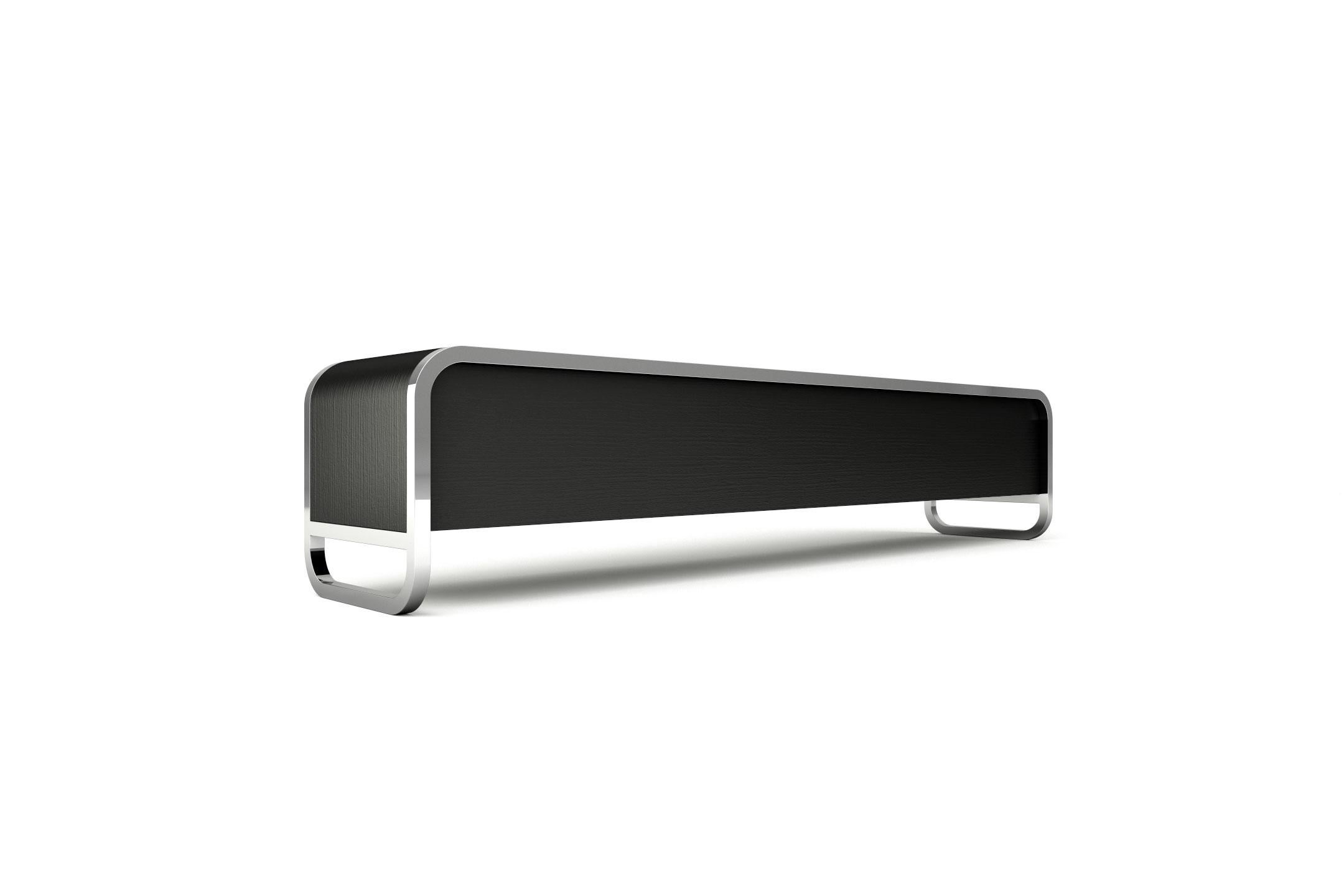 European Midnight TV Console 1 - Modern Black Lacquered Console with Stainless Steel Legs For Sale