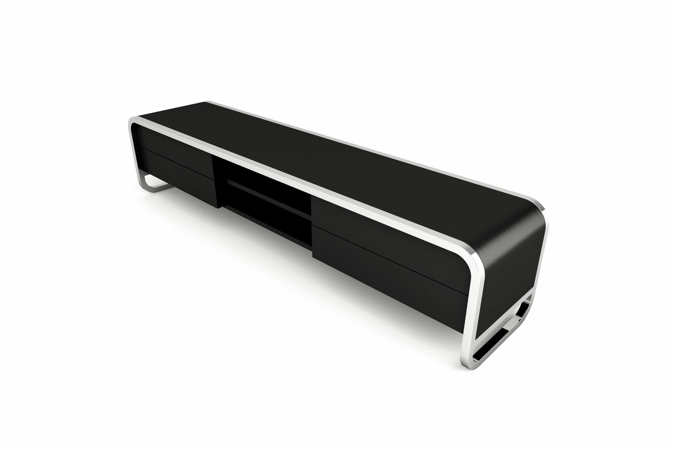 Midnight TV Console 1 - Modern Black Lacquered Console with Stainless Steel Legs In New Condition For Sale In London, GB