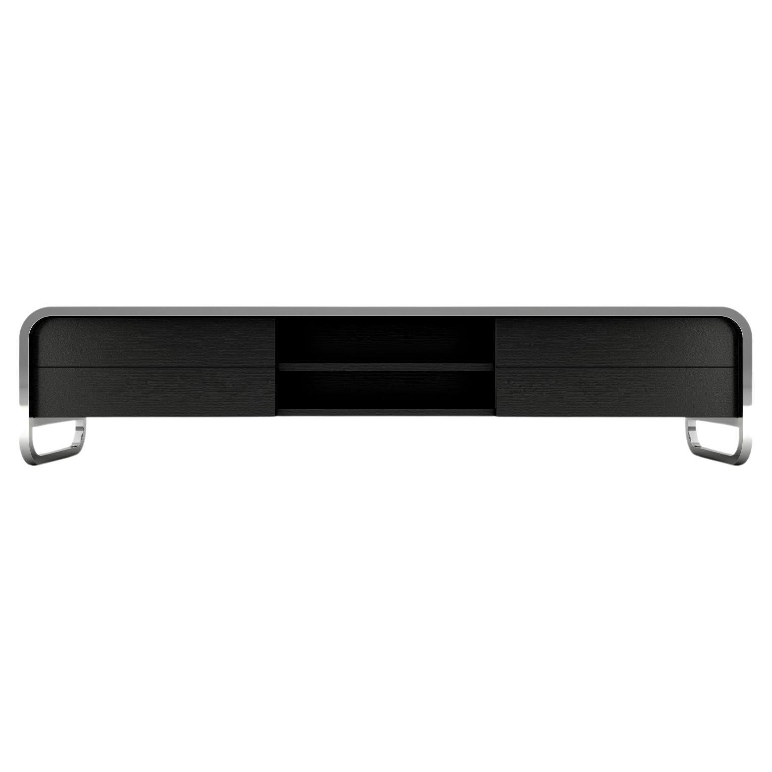 Midnight TV Console 1 - Modern Black Lacquered Console with Stainless Steel Legs For Sale