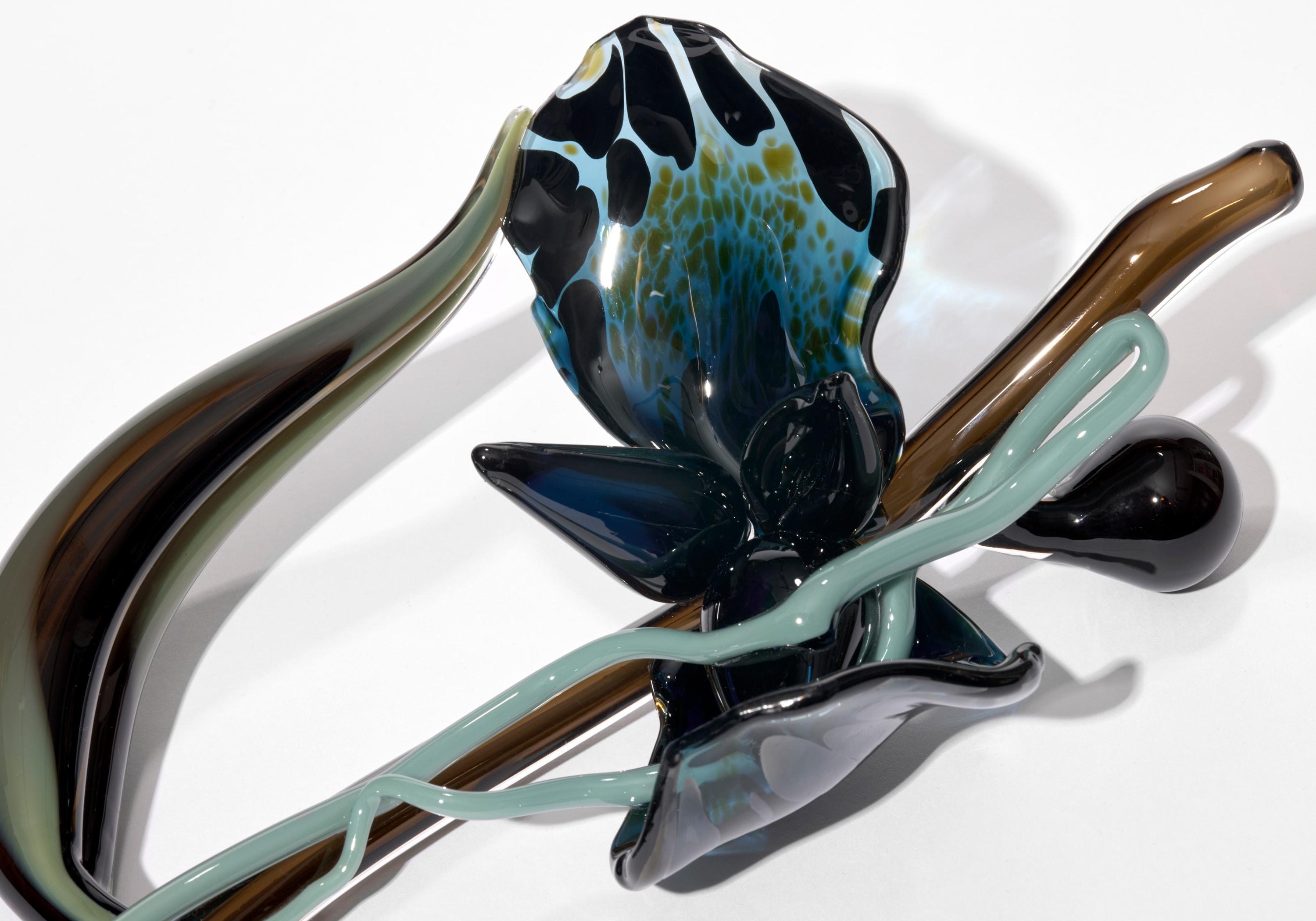 Fatto a mano Midnight Vanda, a blue & brown botanical glass artwork by Michèle Oberdieck in vendita