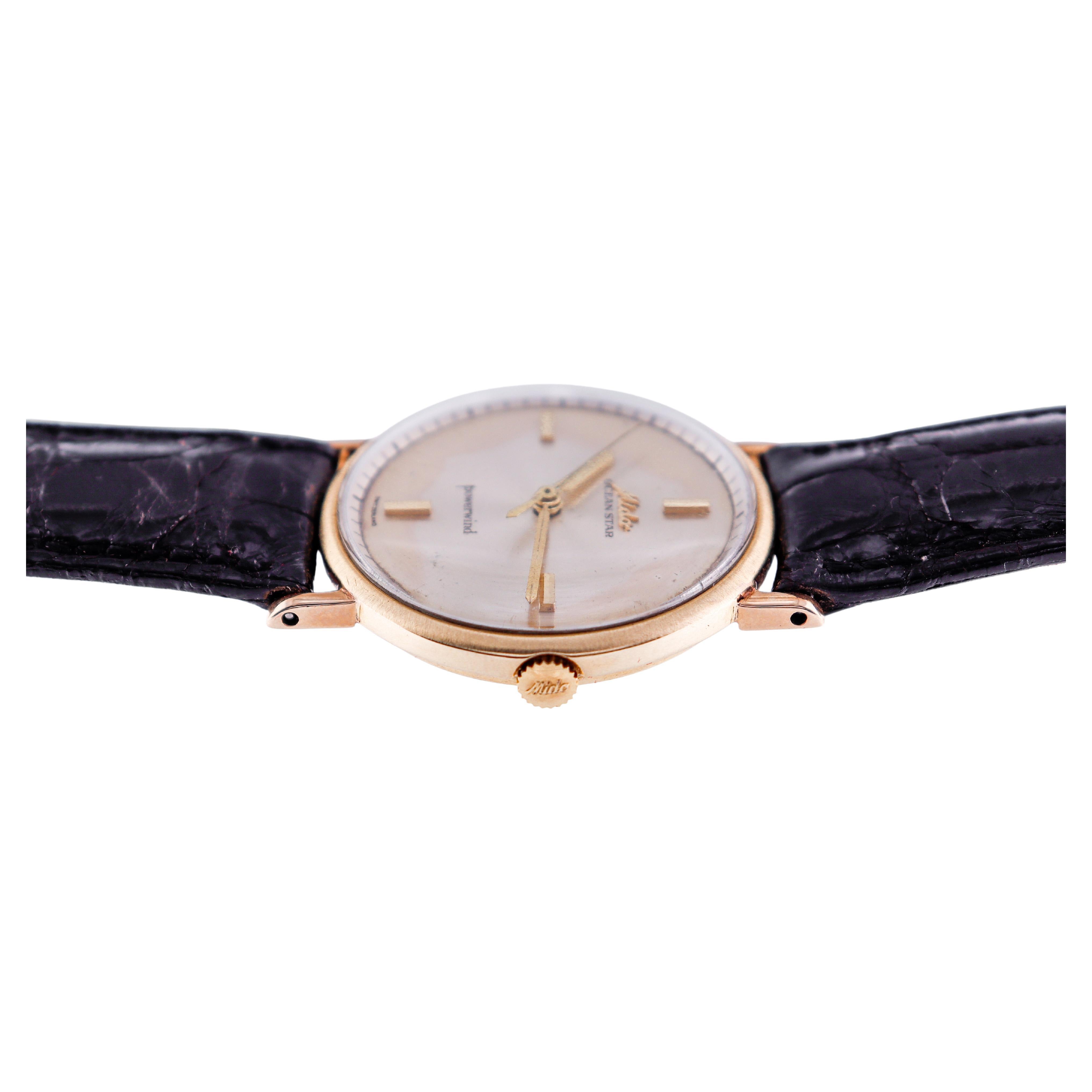 Mido 14Kt. Yellow Gold Ocean Star Art Deco Style Power Wind Watch, circa 1950s For Sale 1
