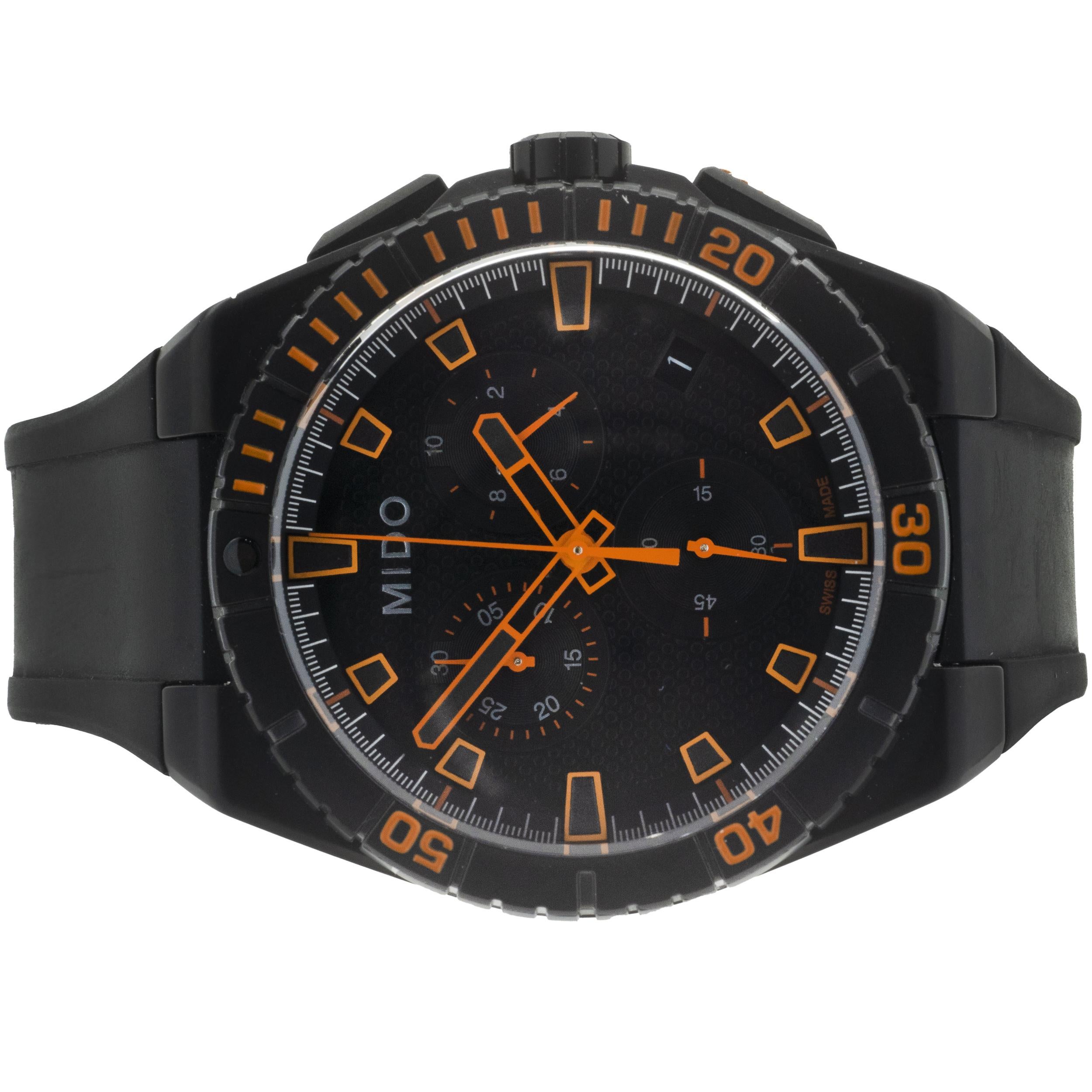 Uhrwerk: Quarz
Funktion: Stunden, Minuten, Sekunden, Datum, Chronograph
Gehäuse: 44mm rundes Gehäuse
Armbänder: Mido Kautschukband, Faltschließe
Zifferblatt: schwarzes Chronographen-Zifferblatt, Strichindizes
Seriennummer 16JA0197XXX
Aktenzeichen: