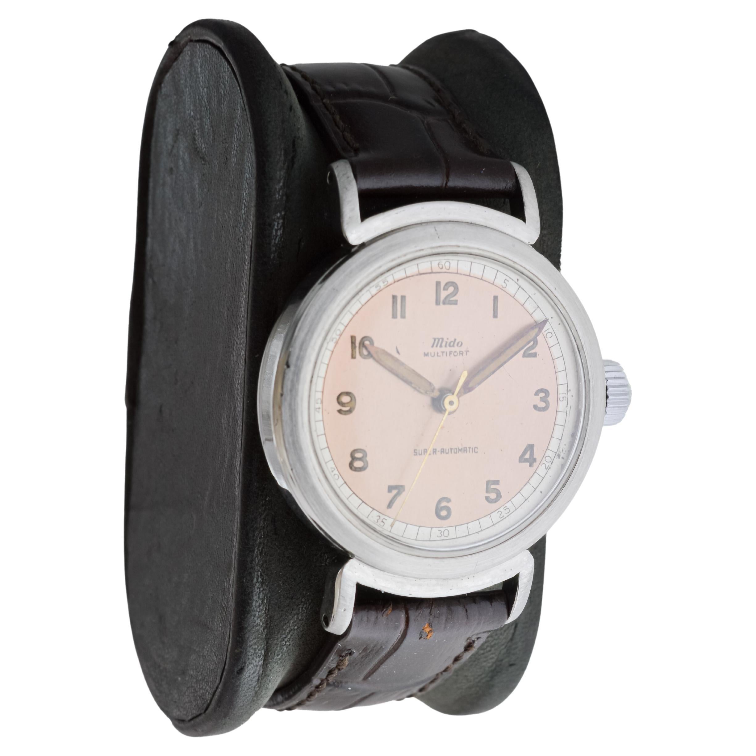 Art Deco Mido Multifort Steel Early Bumper Automatic with Original Dial  from 1940's For Sale