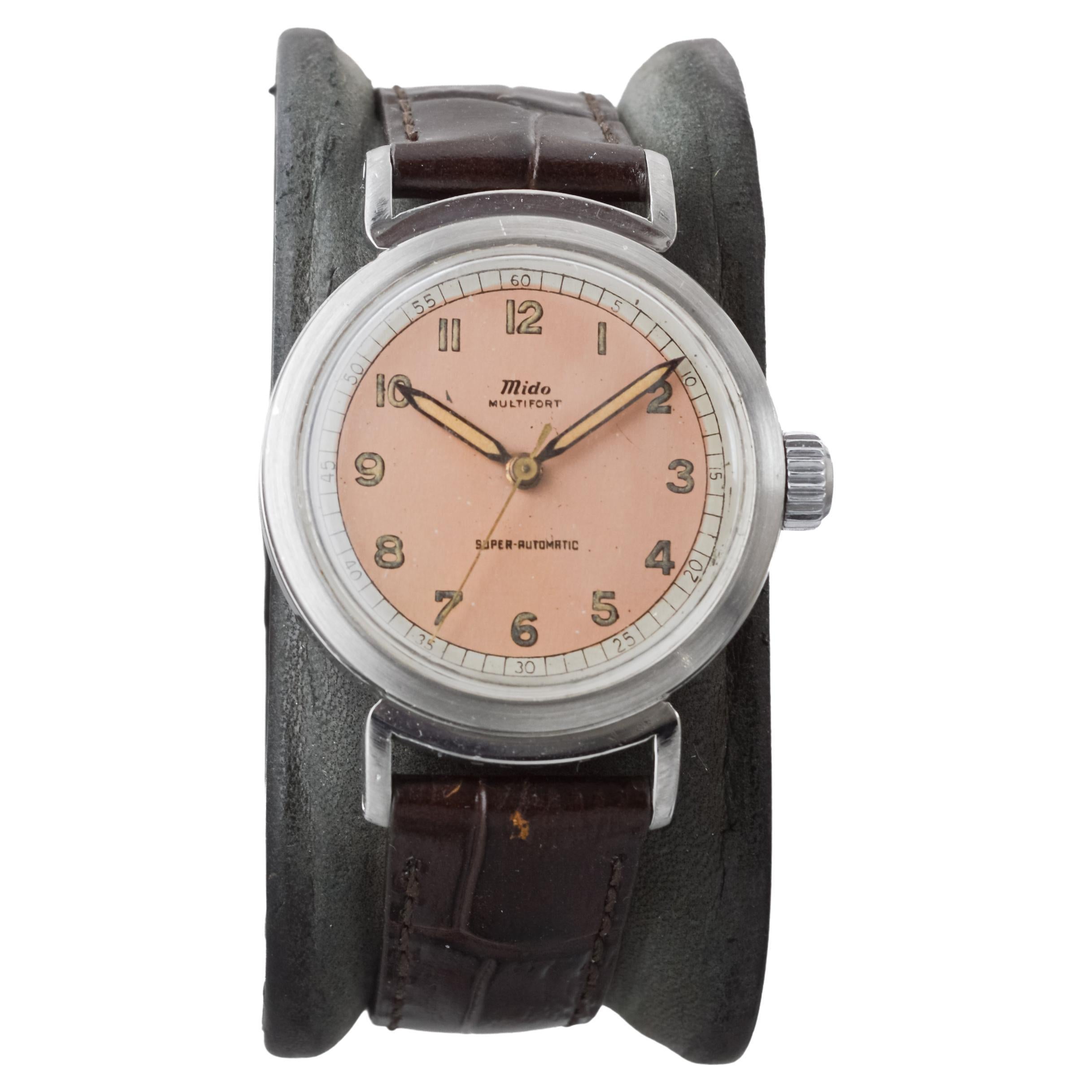 Mido Multifort Steel Early Bumper Automatic with Original Dial  from 1940's In Excellent Condition For Sale In Long Beach, CA