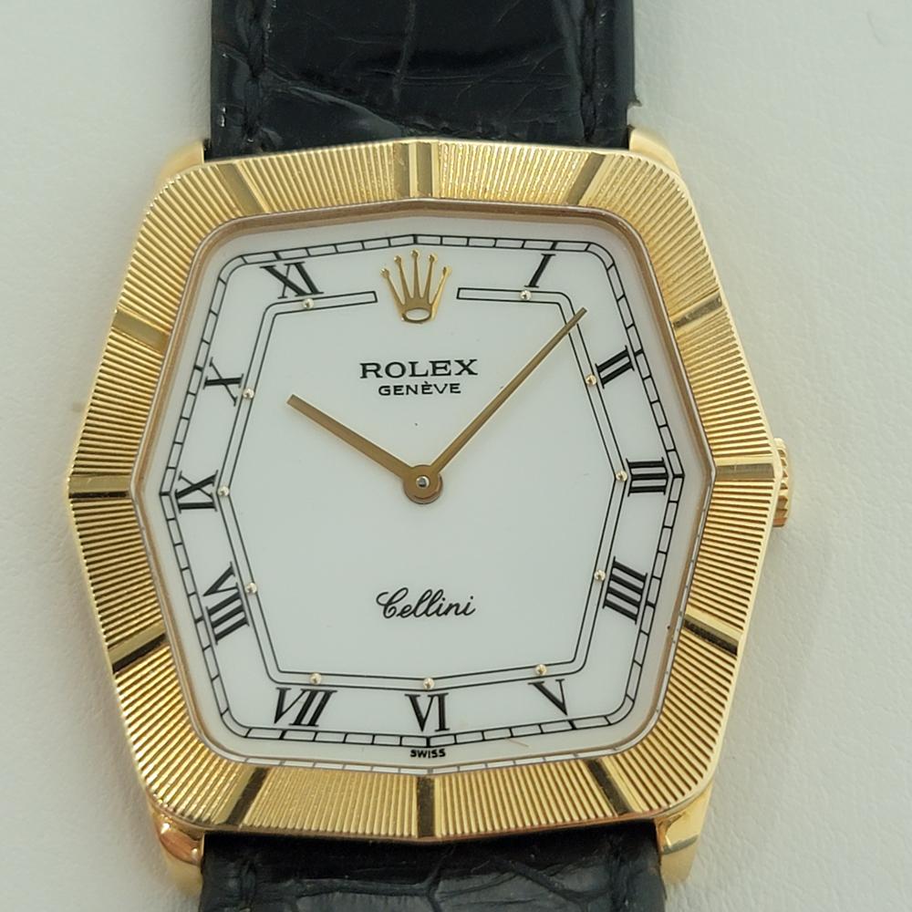 Luxuriöse klassische, mittelgroße Rolex Geneve Cellini ref.4170 mit Handaufzug aus massivem Gold, ca. 1989, alles original, in ausgezeichnetem, funktionierendem Zustand. Von einem Uhrmachermeister für echt befunden. Wunderschönes, klassisches,