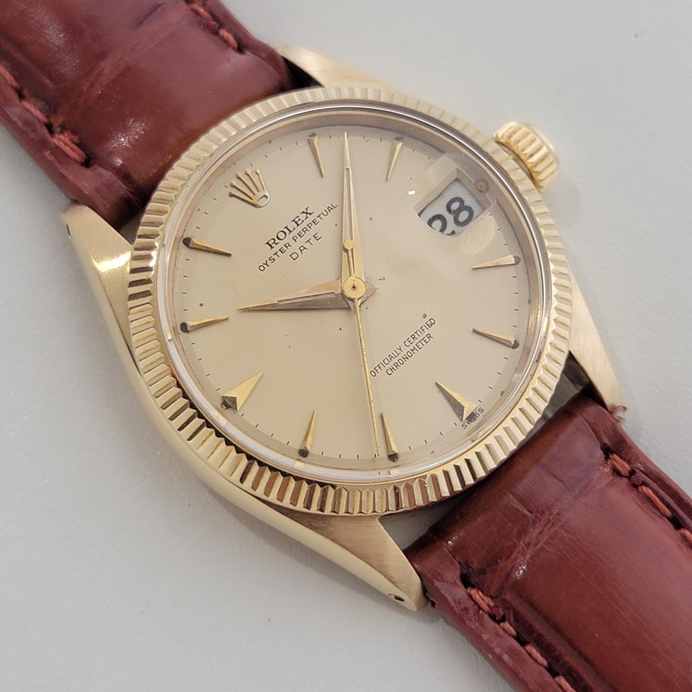 Midsize Rolex Oyster Date 6627 18k Solid Gold 30mm Automatic 1950s Vintage RA507 In Excellent Condition In Beverly Hills, CA