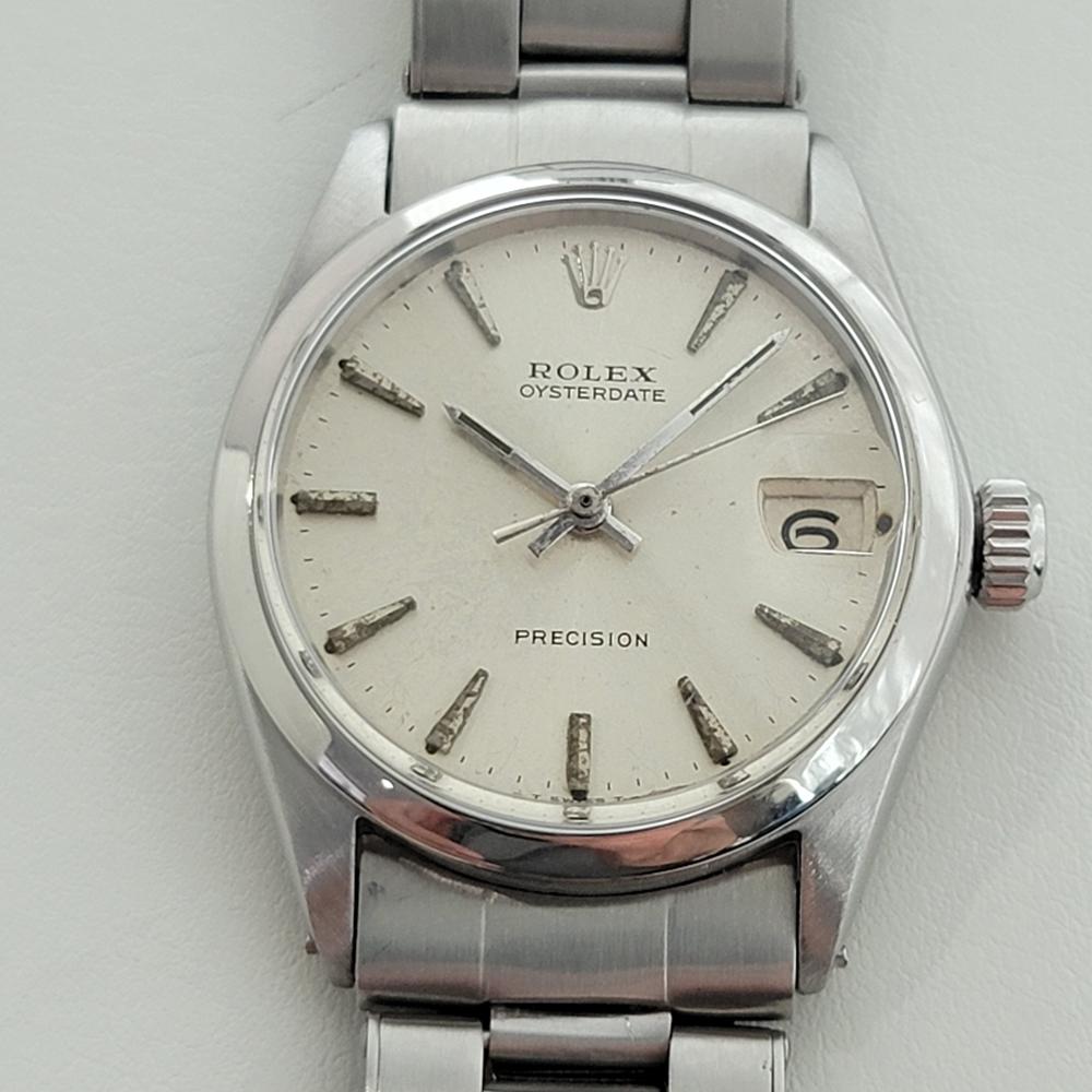 Timeless classic, Men's midsize Rolex ref.6466 Oysterdate Precision manual wind dress watch, c.1965, with original Rolex box, all original, unrestored! Verified authentic by a master watchmaker. Gorgeous Rolex signed silver dial, applied indice hour