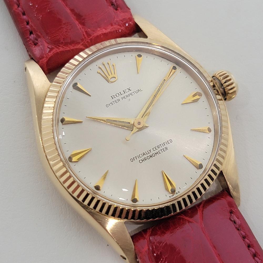 Midsize Rolex Oyster Perpetual 6551 18k Solid Gold 30mm Automatic 1950s RA470 In Excellent Condition In Beverly Hills, CA