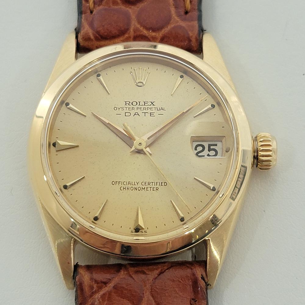 Classic luxury, Midsize 18k solid gold Rolex ref.6624 Oyster Perpetual Date automatic, c.1962. Verified authentic by a master watchmaker. Gorgeous Rolex signed gold dial, applied dagger index hour markers, gilt minute and hour hands, sweeping