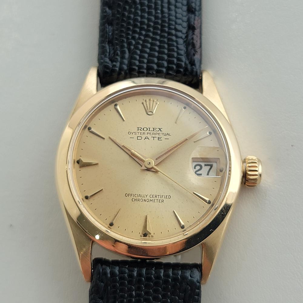 Vintage luxury, 18k solid gold Men's midsize Rolex ref.6624 Oyster Perpetual Date automatic, c.1962. Verified authentic by a master watchmaker. Gorgeous Rolex signed gold dial, applied dagger index hour markers, gilt minute and hour hands, sweeping
