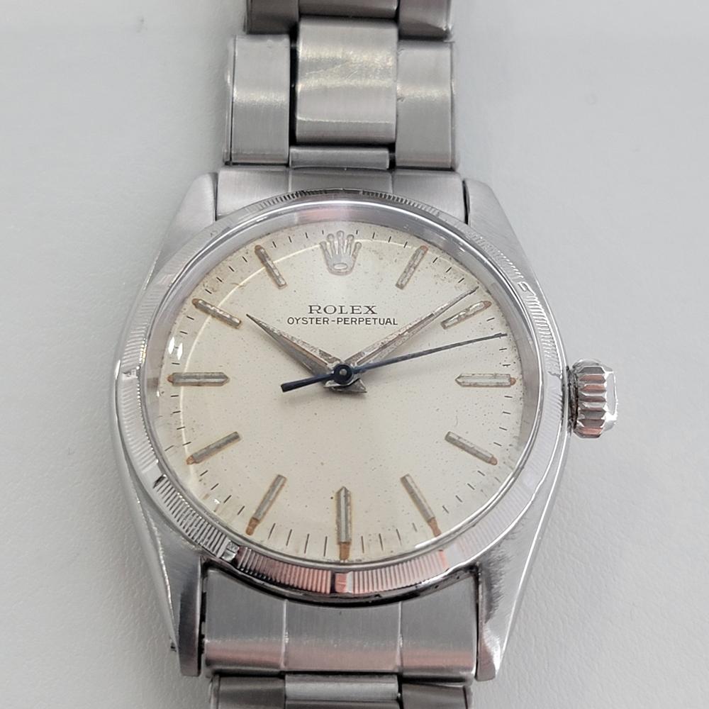 Timeless classic, Men's midsize Rolex ref.6549 all-stainless steel Oyster Perpetual automatic dress watch, c.1959, all original. Verified authentic by a master watchmaker. Gorgeous vintage white Rolex signed dial, applied indice hour markers, minute