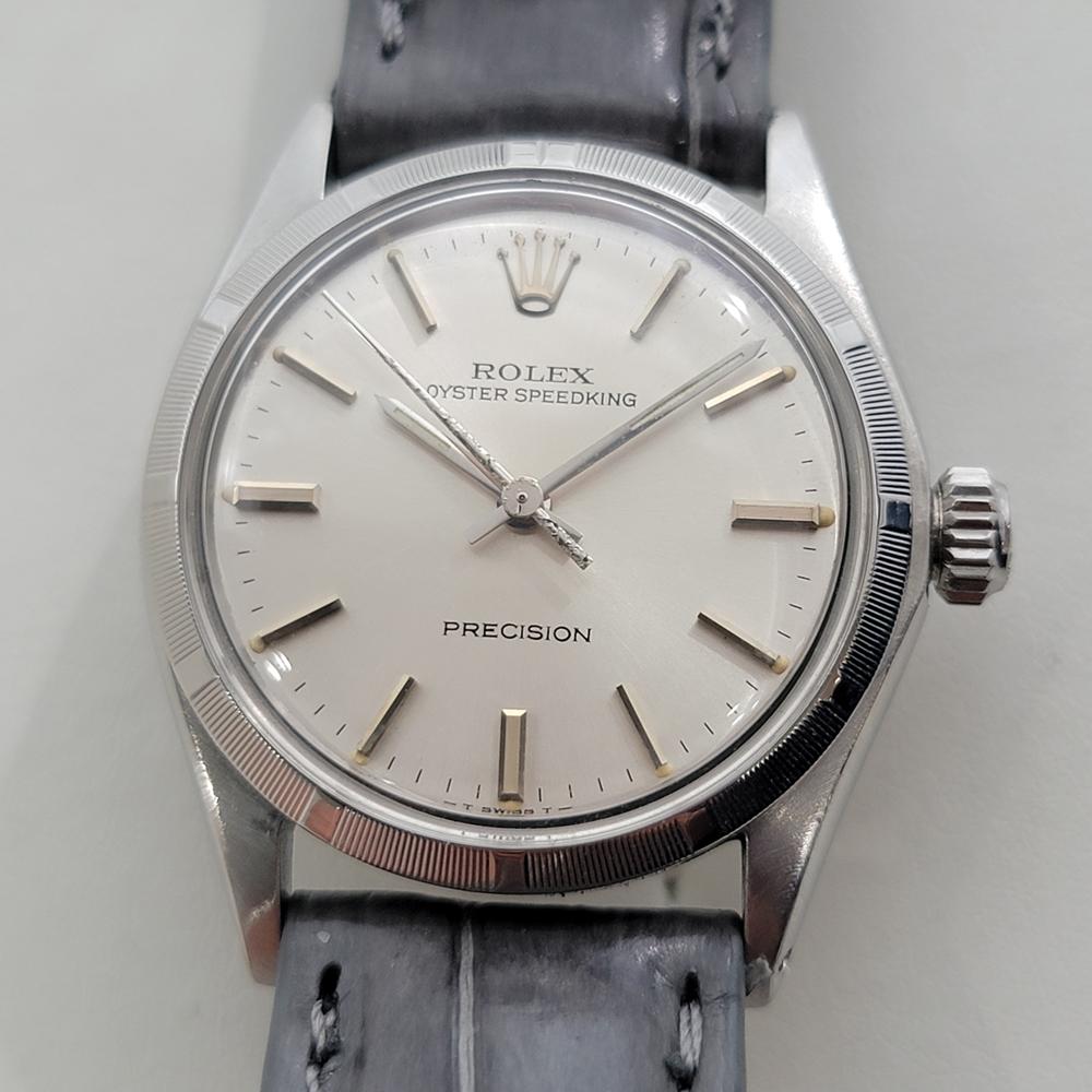 Charming vintage classic, Rolex midsize Oyster Precision ref.6431 Speedking hand-wind, c.1975, in excellent working condition. Verified authentic by a master watchmaker. Gorgeous, Rolex signed silver dial, applied silver baton index hour markers,