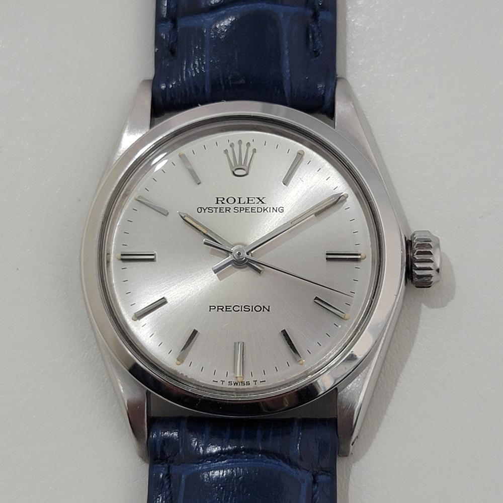 Vintage classic, Rolex Oyster Speedking Precision ref.6430 youth size hand-wind, c.1966, in excellent working condition. Verified authentic by a master watchmaker. Gorgeous, Rolex signed silver dial, applied silver baton index hour markers, silver