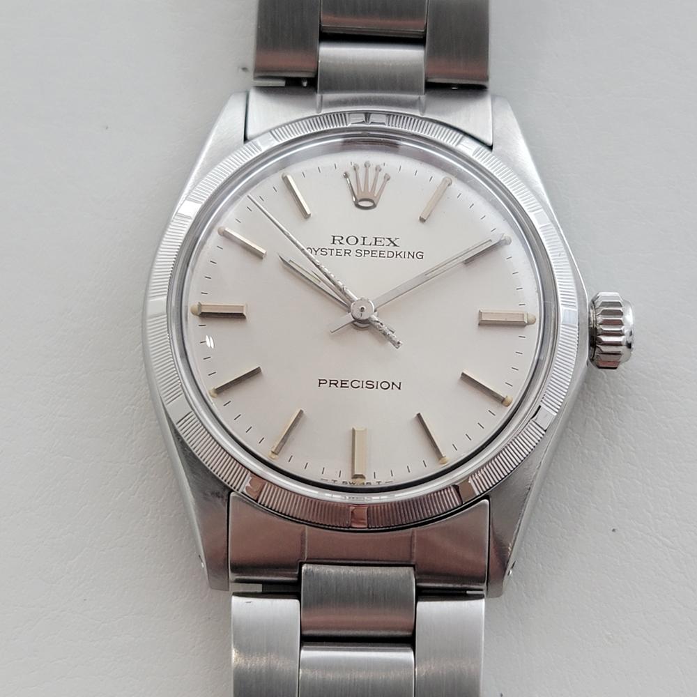 Timeless classic, all-stainless steel midsize Rolex Oyster Speedking Precision ref.6431 hand-wind, c.1975, all original, in excellent working condition. Verified authentic by a master watchmaker. Gorgeous, Rolex signed silver dial, applied silver