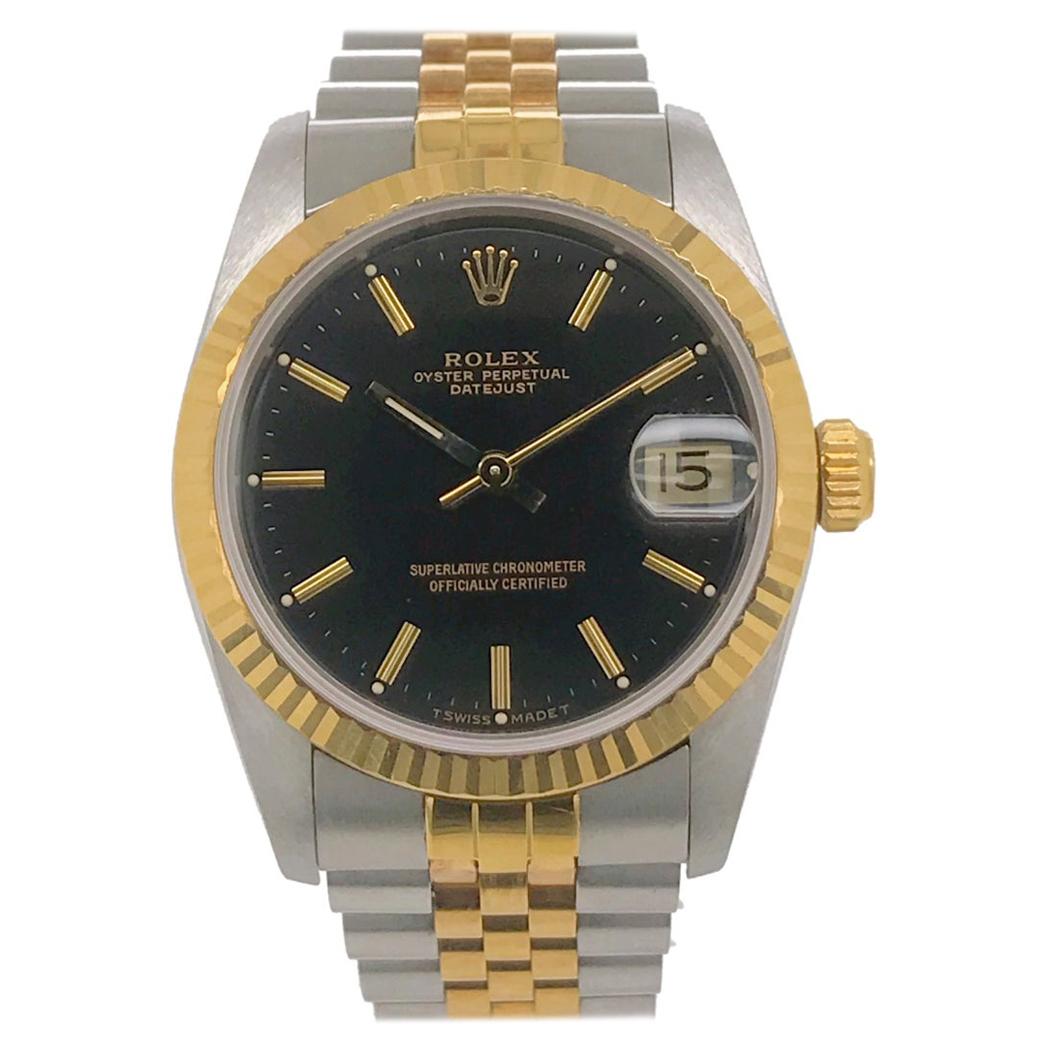 Midsized Rolex Datejust with Black Dial and Two-Tone Jubilee Bracelet circa 1987 For Sale