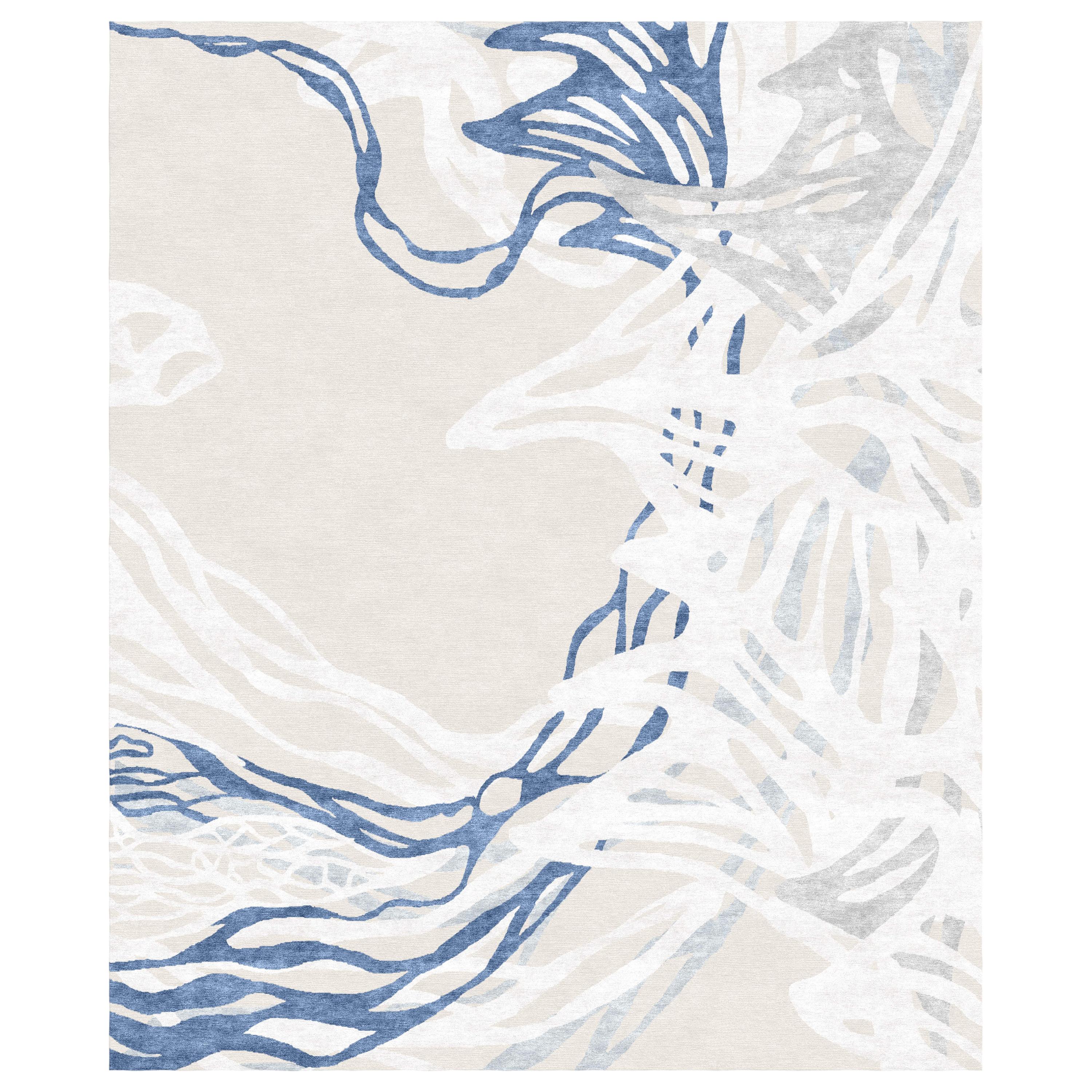 Rug Abstract Floral pattern Hand Knotted Blue White Contemporary Midsummer For Sale