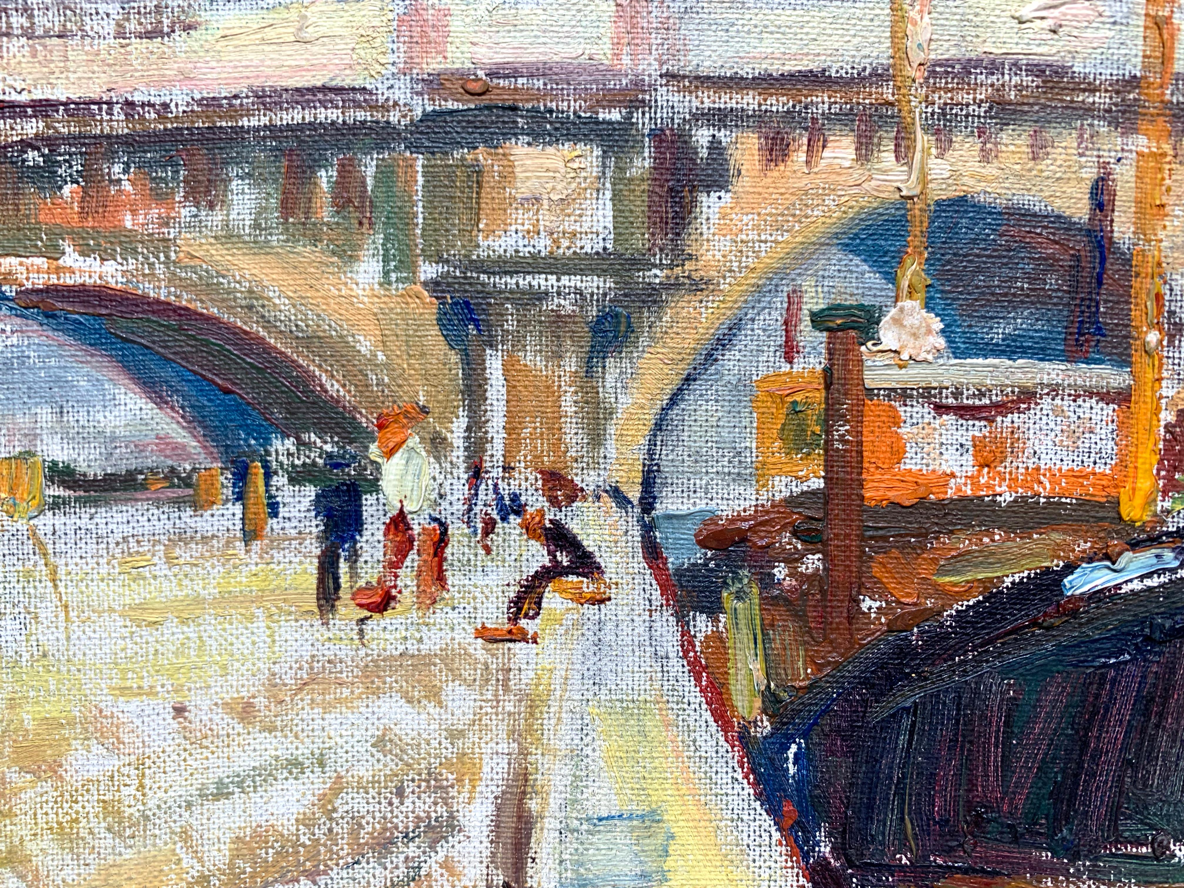 Pont Neuf Paris Frankreich (Doppelseitiges Gemälde Stadtlandschaft/ Landschaft) – Painting von Mieczyslaw Lurczynski