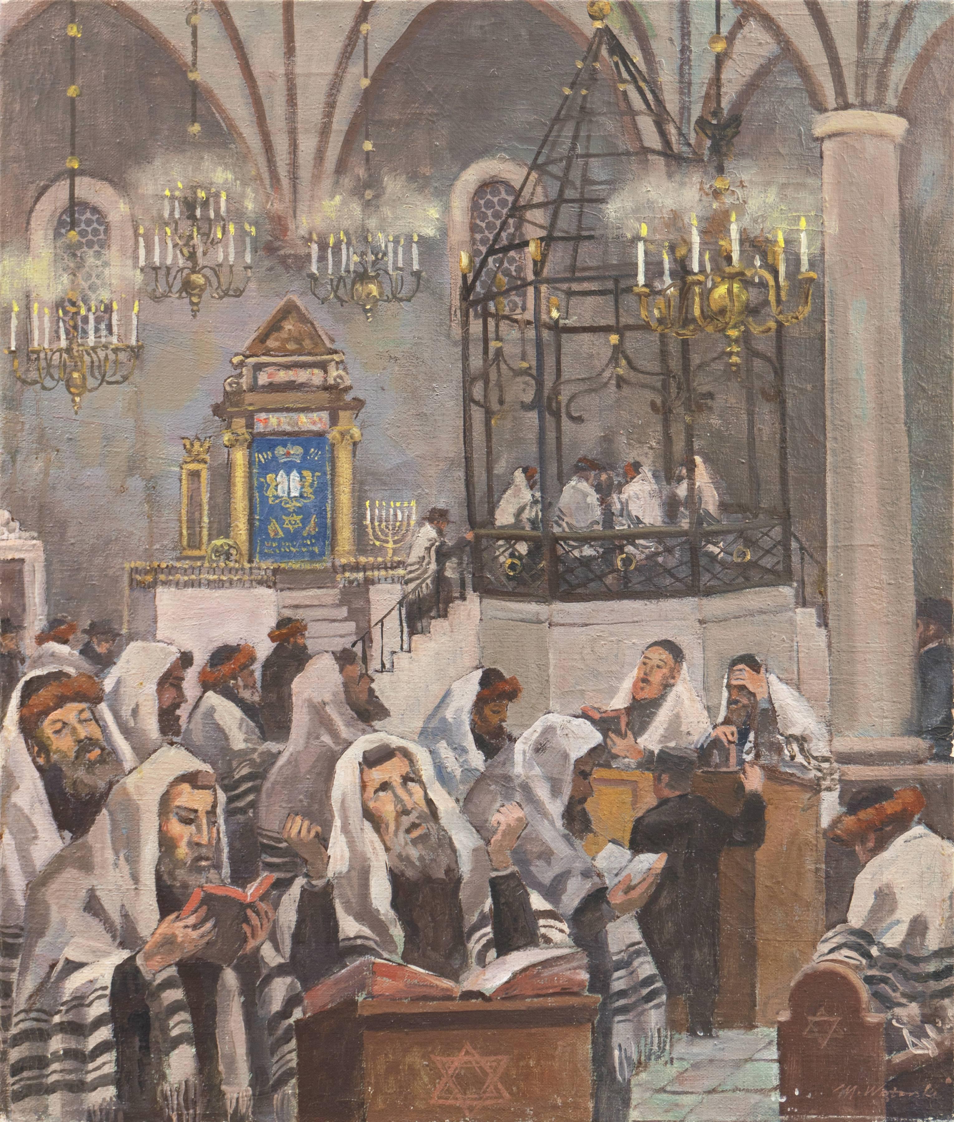 Mieczyslaw Watorski Interior Painting – Innenraum der Synagoge mit Rabbiner", Polnisch-Orthodoxe Judaica, Israel, Pentateuch