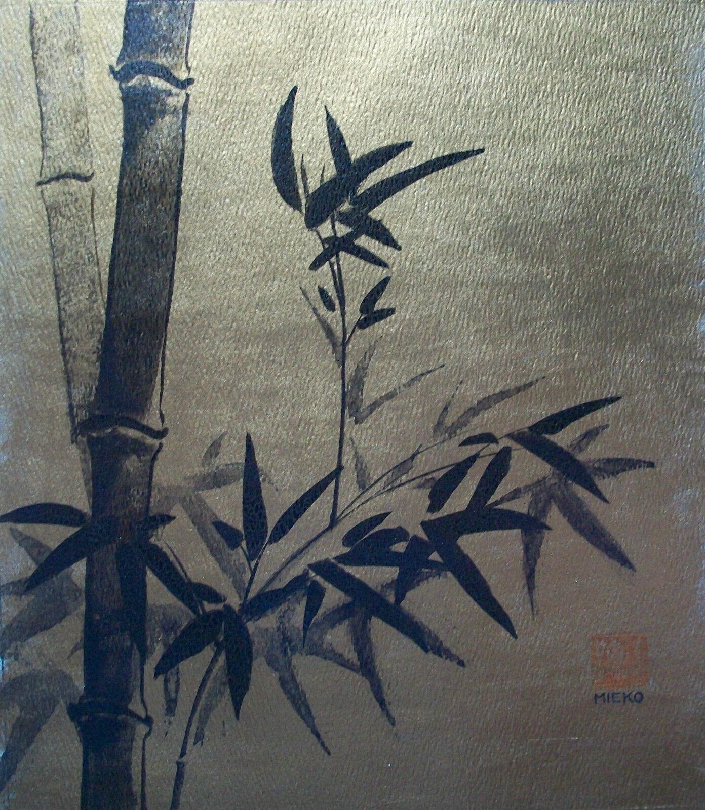 MIEKO - Vintage Asian style painting on watercolor paper - signed with the artist's chop mark and name - Japan - late 20th century.

Hervorragender Vintage-Zustand - auf der Rückseite des Papiers blutet die Goldfarbe auf Ölbasis durch - kein Verlust