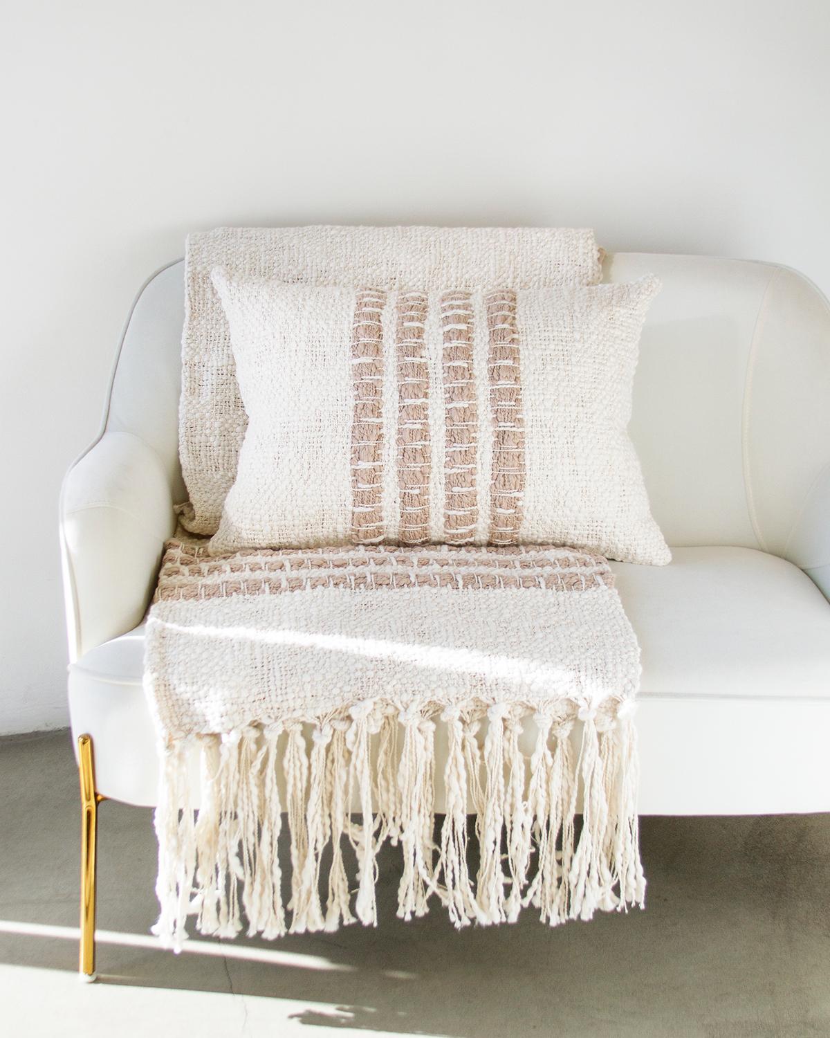 Rustic Miel White and Beige Textured Cotton Throw Blanket - Handmade For Sale