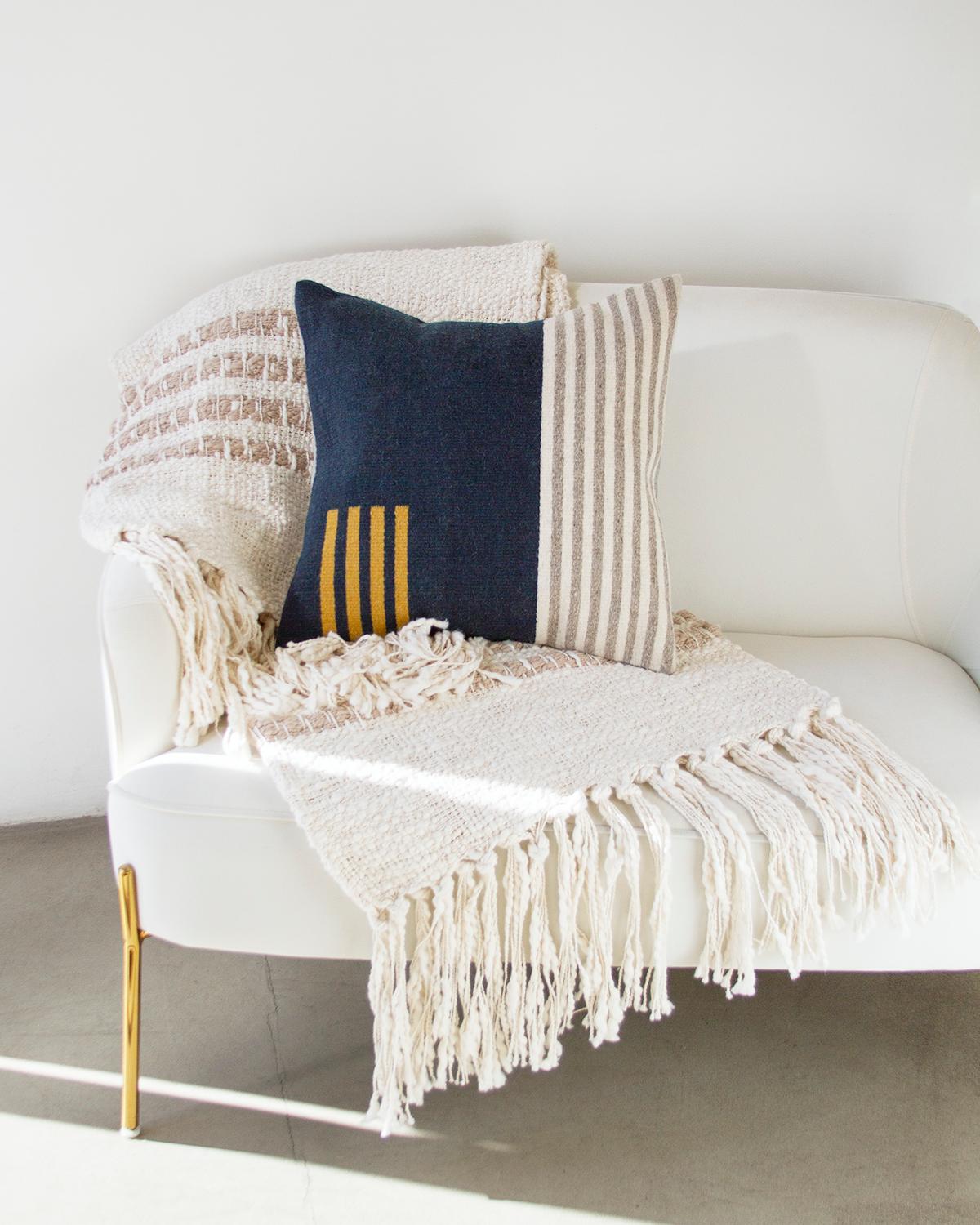Argentine Miel White and Beige Textured Cotton Throw Blanket - Handmade For Sale