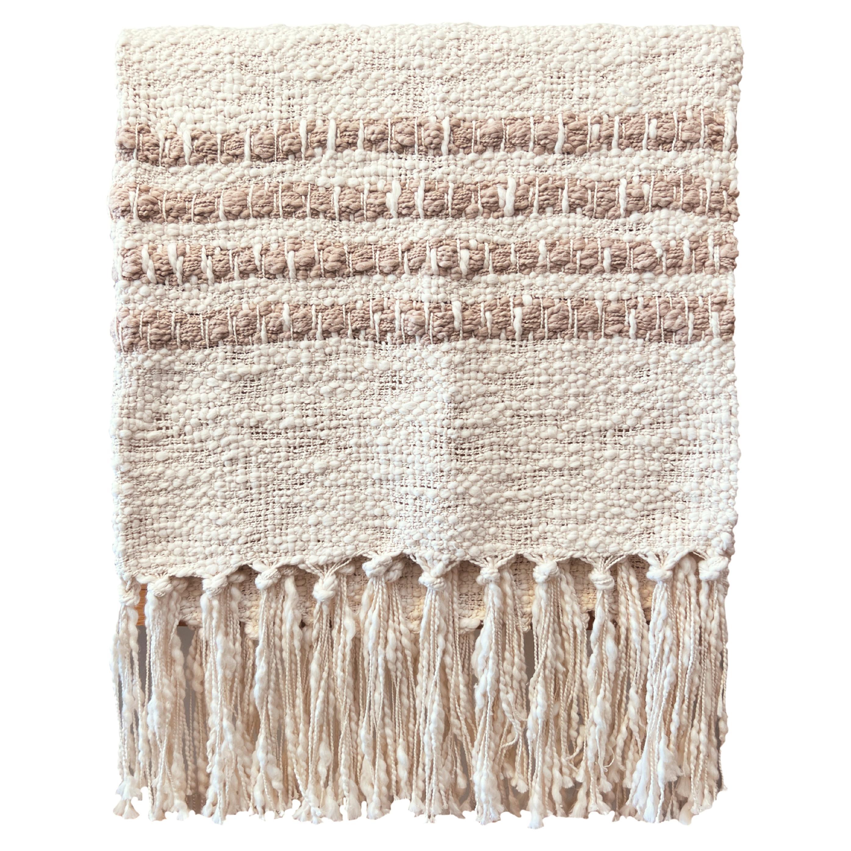 Miel White and Beige Textured Cotton Throw Blanket - Handmade For Sale