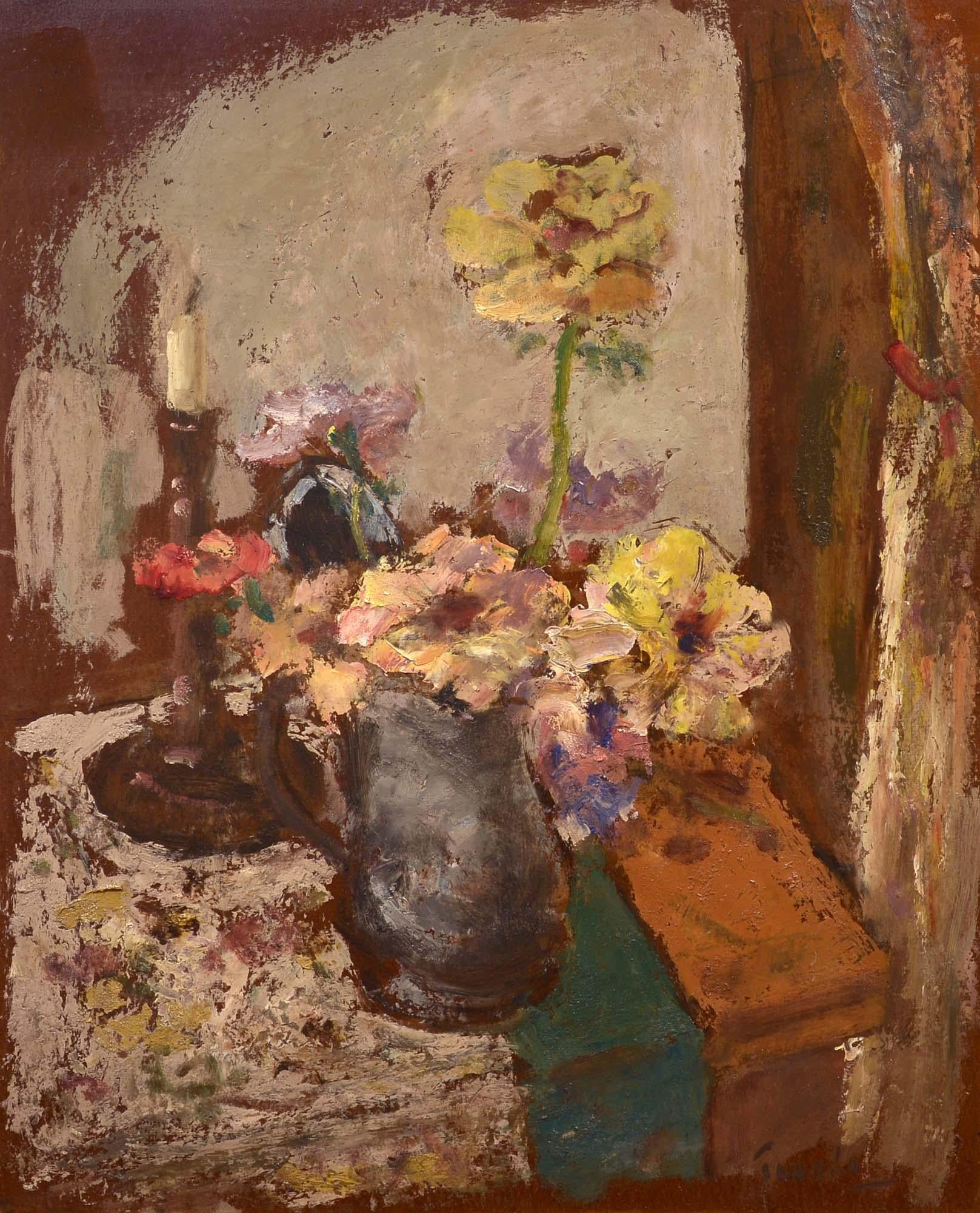 Miematsu Tanabe Interior Painting – Tisch-Stillleben, Japanisch, 20. Jahrhundert, Impressionismus, Öl