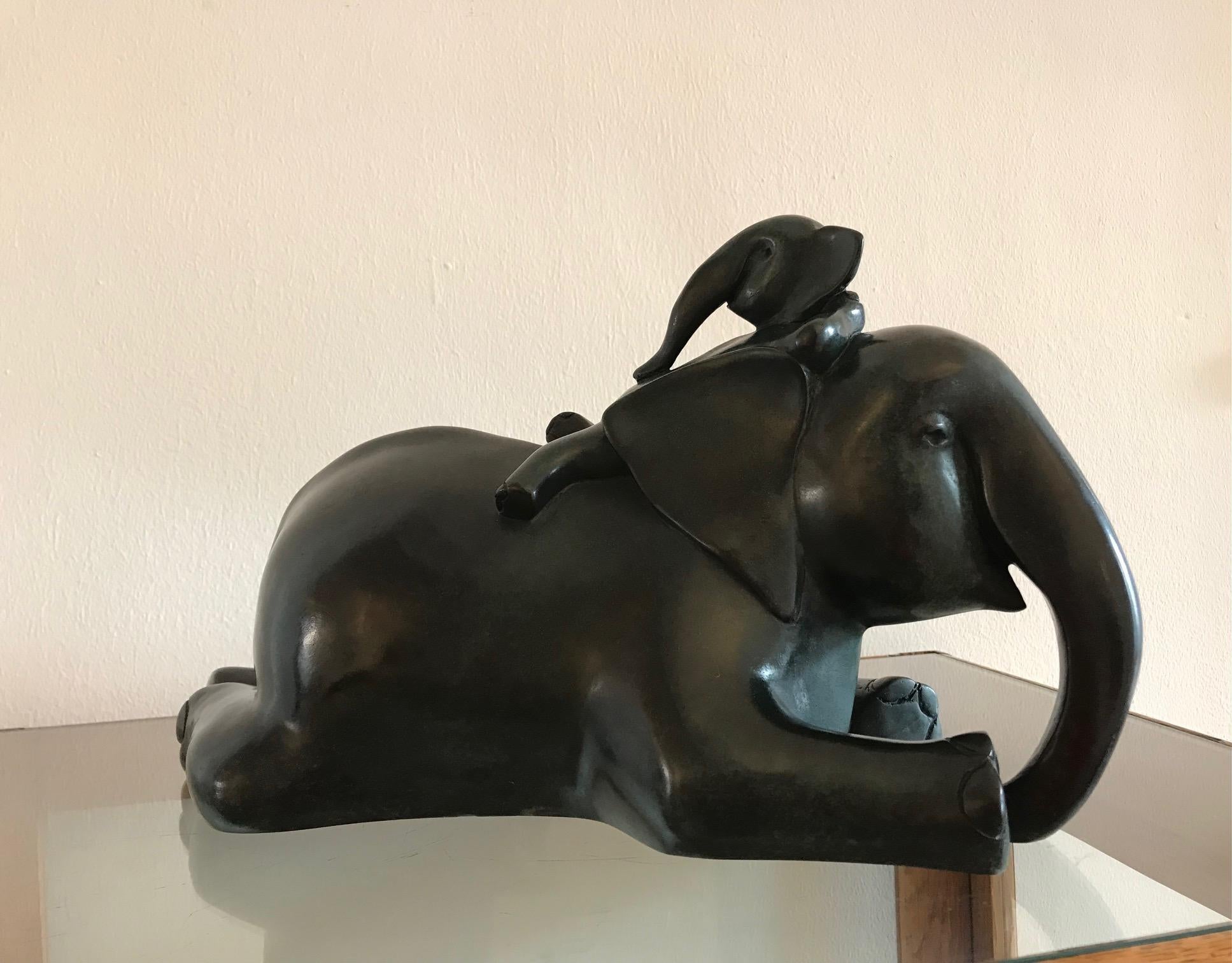''Between the Ears'', Contemporary Bronze Sculpture of Mother and Baby Elephant For Sale 1