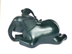 ''Between the Ears'', Contemporary Bronze Sculpture of Mother and Baby Elephant