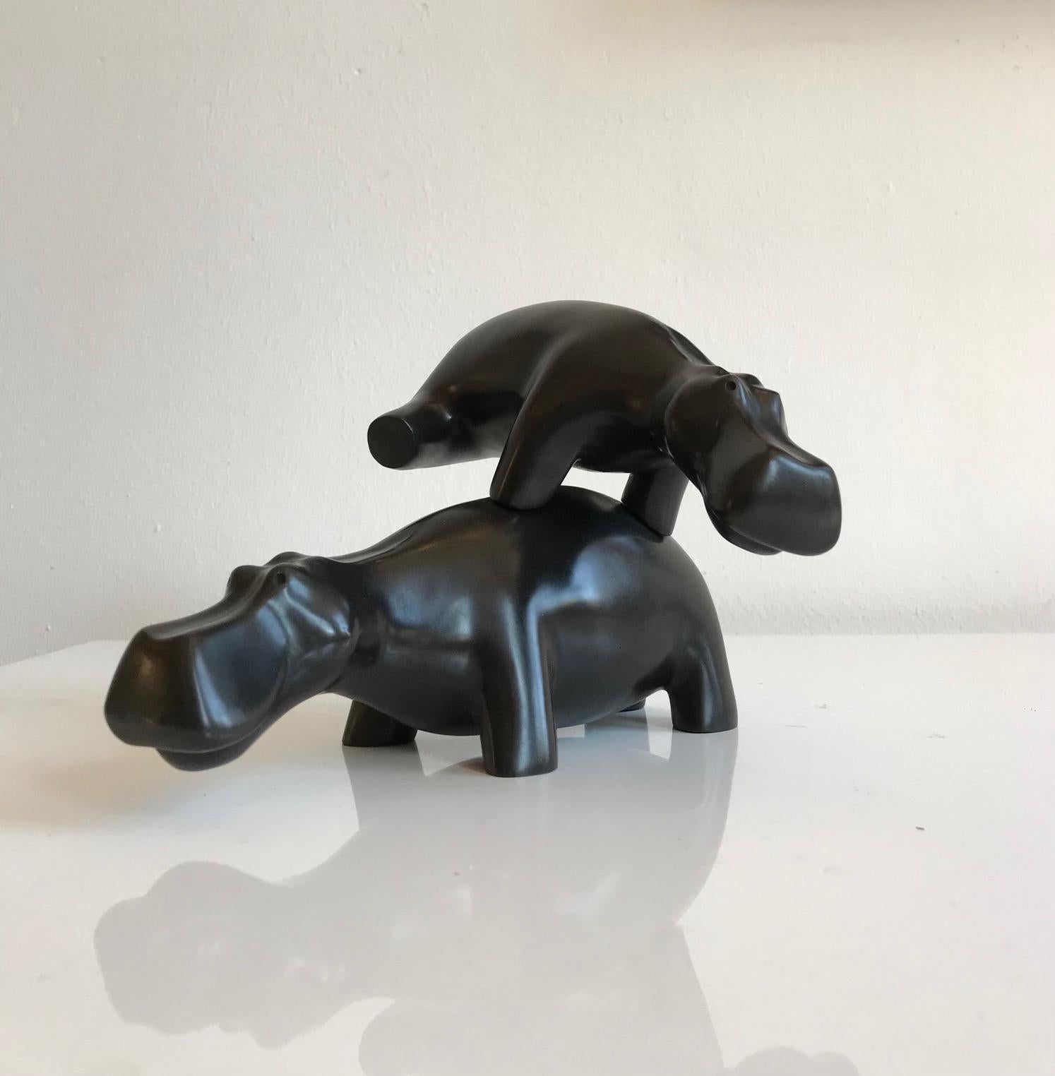 Miep Maarse Figurative Sculpture - ''Leapfrog'', Contemporary Bronze Sculpture of Two Hippos Playing Leapfrog