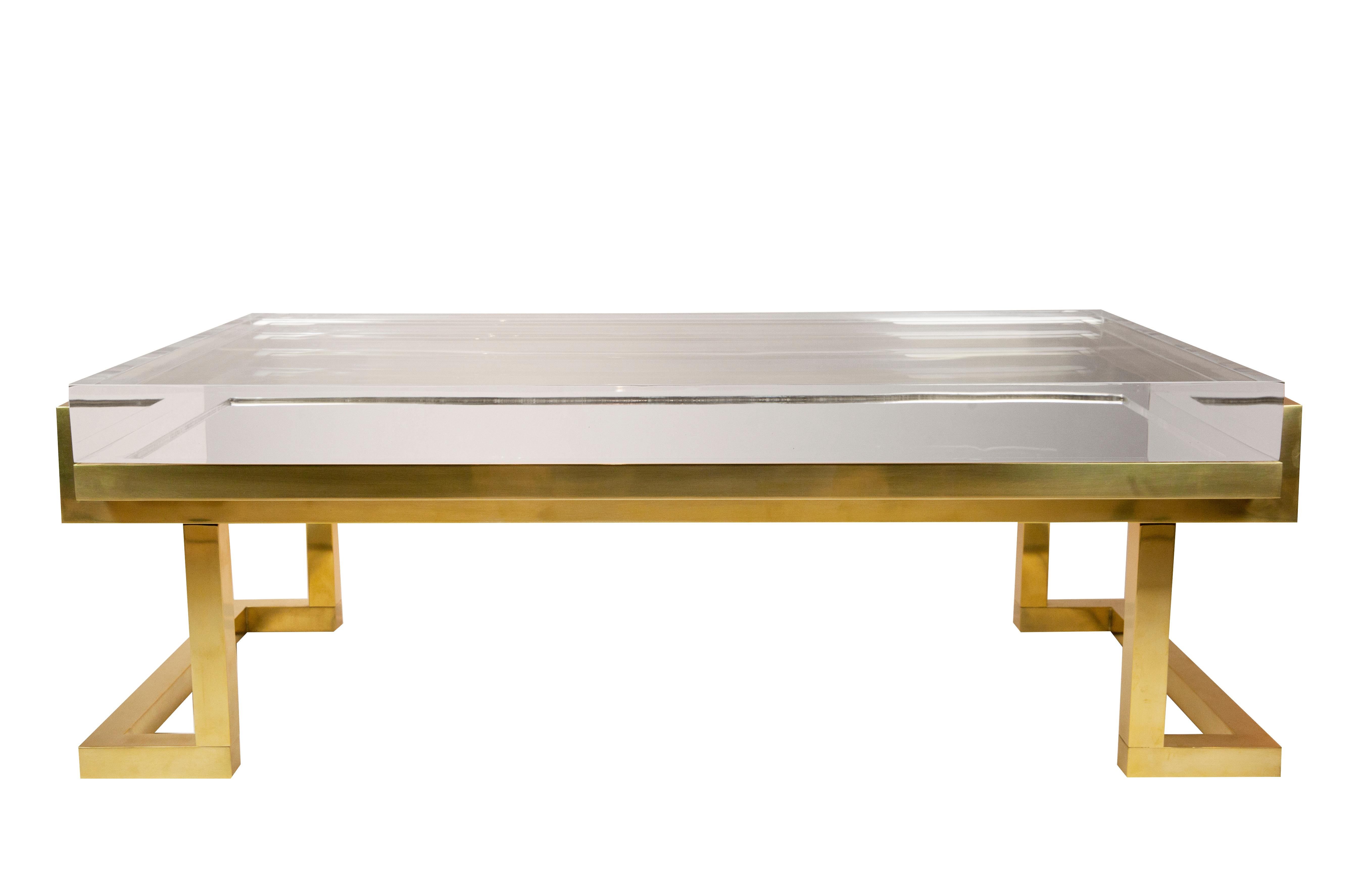 Discover the Mies Coffee Table. Custom Sizes Available. Pristine Acrylic or New Cerused White Oak combined with Opulent Metal Finishes. Custom lengths up to 7' and depths up to 5' available. Visit our Rounded Coffee table version !