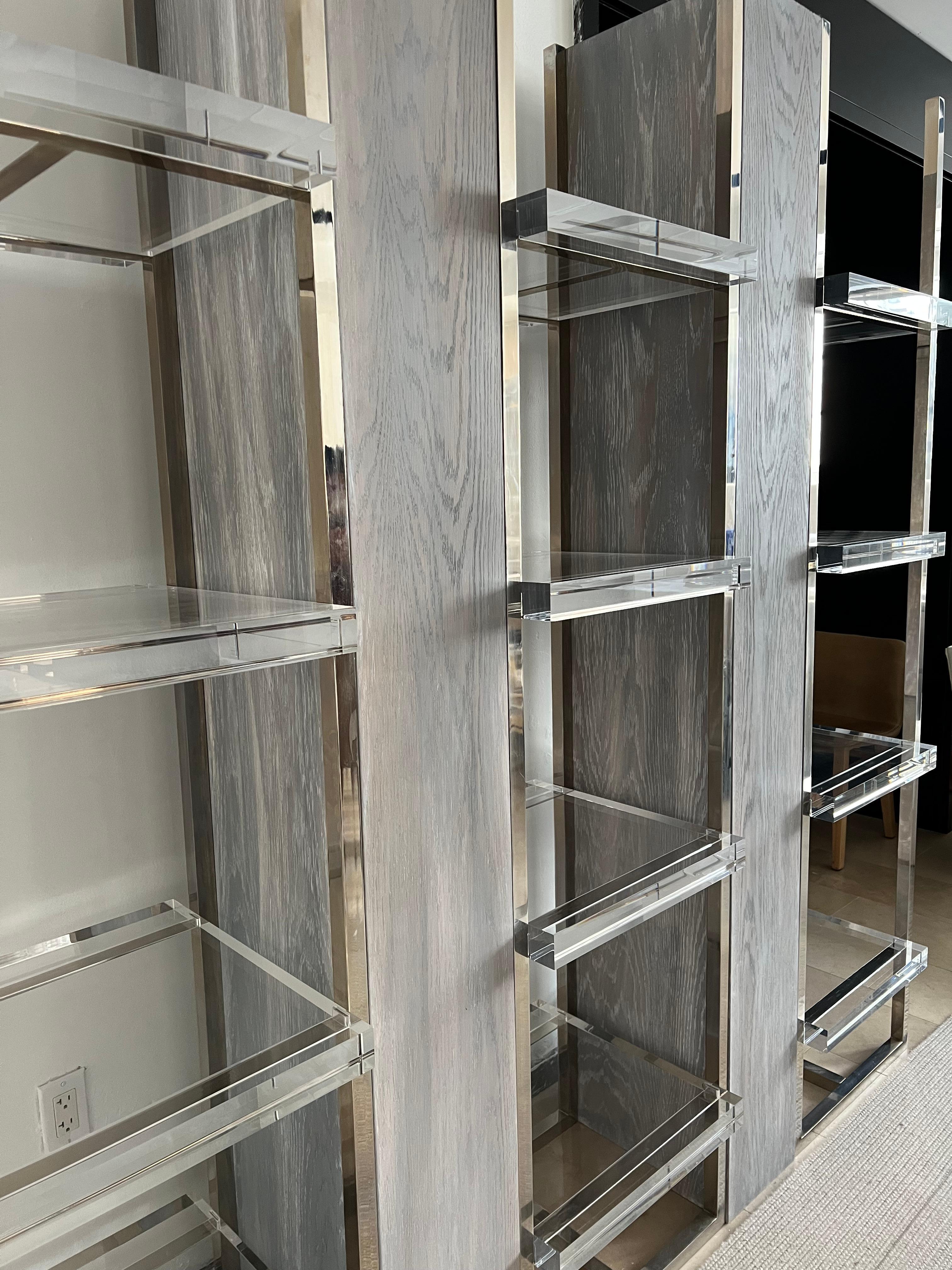 Gorgeous Shelving Unit. Polished Stainless Steel combined with Cerused Oak Panels, featuring clear 2