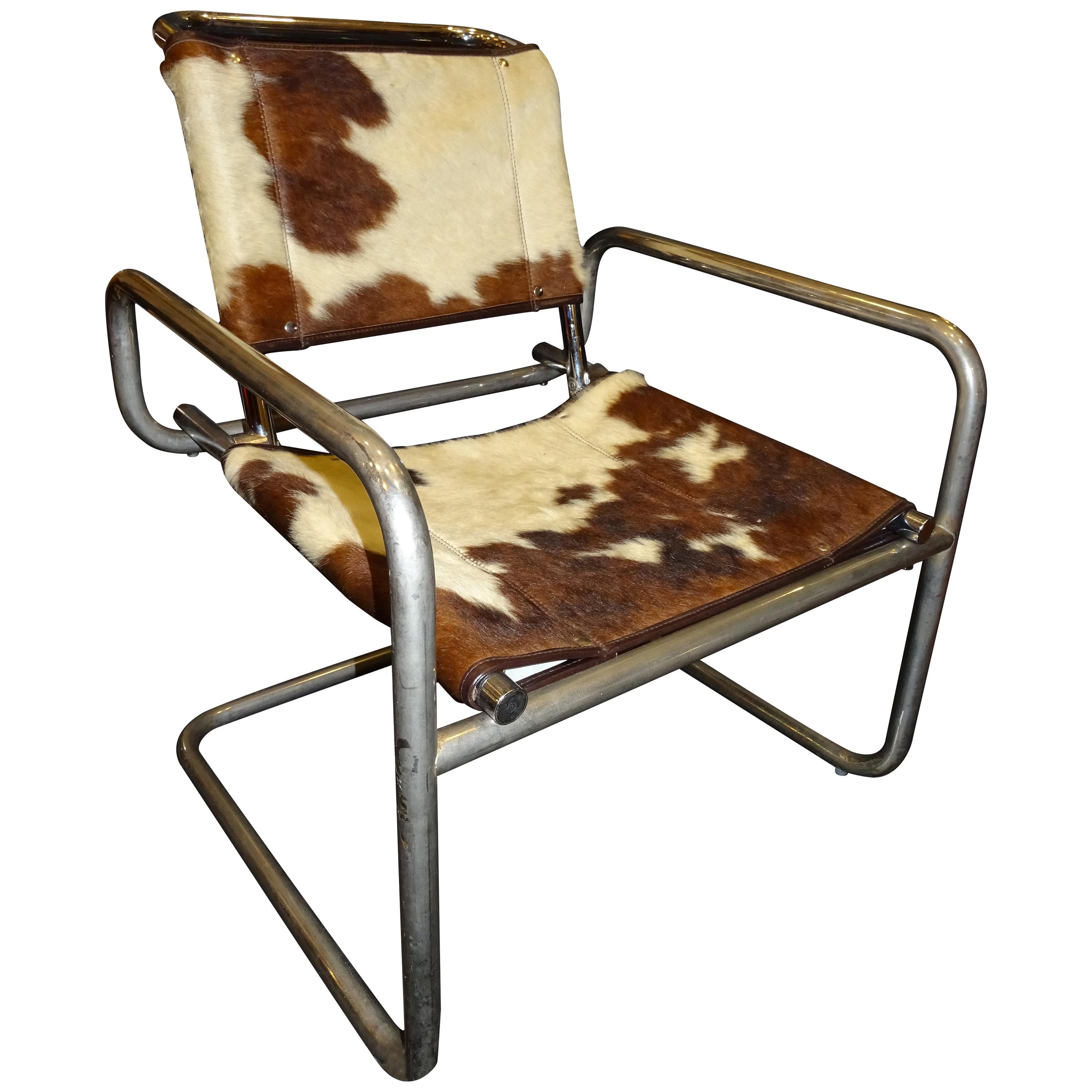 Mies Van Der Rohe 1970s Armchair, Cowhide and Polished Steel
