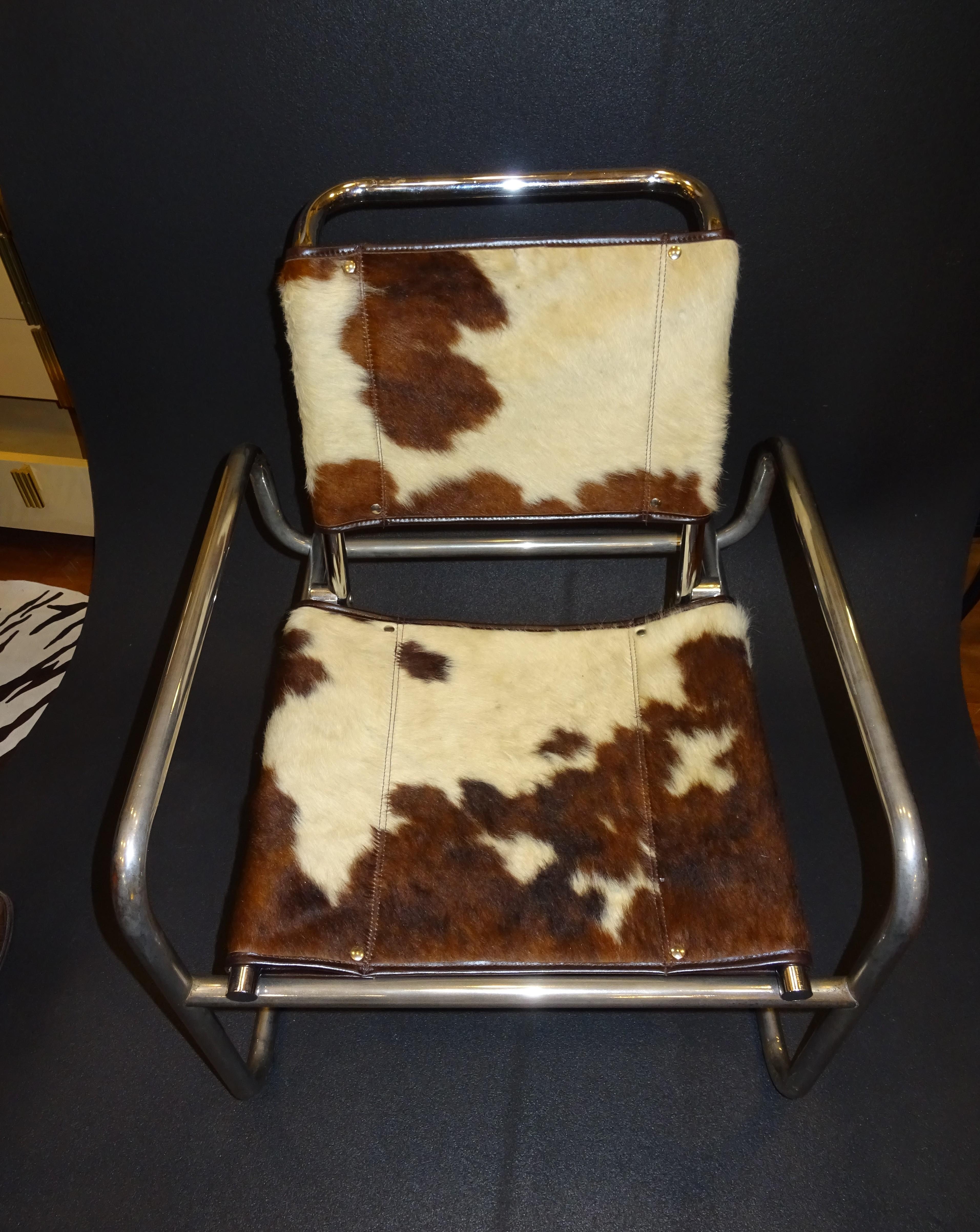 Bauhaus Mies Van Der Rohe 1970s Armchair, Cowhide and Polished Steel