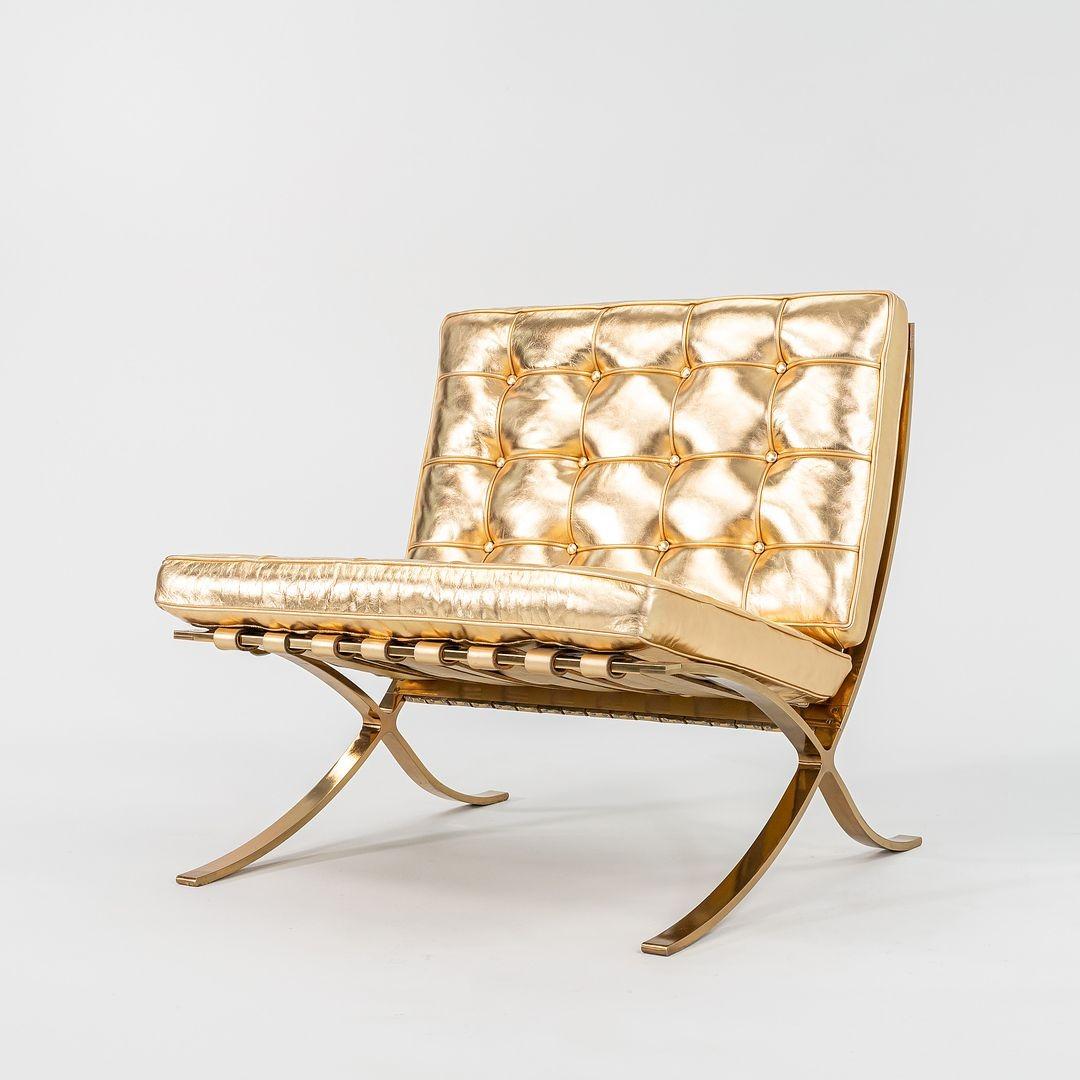 American Mies Van der Rohe Barcelona Chair in Gold Leaf Leather w/ Gold Plated Frame For Sale