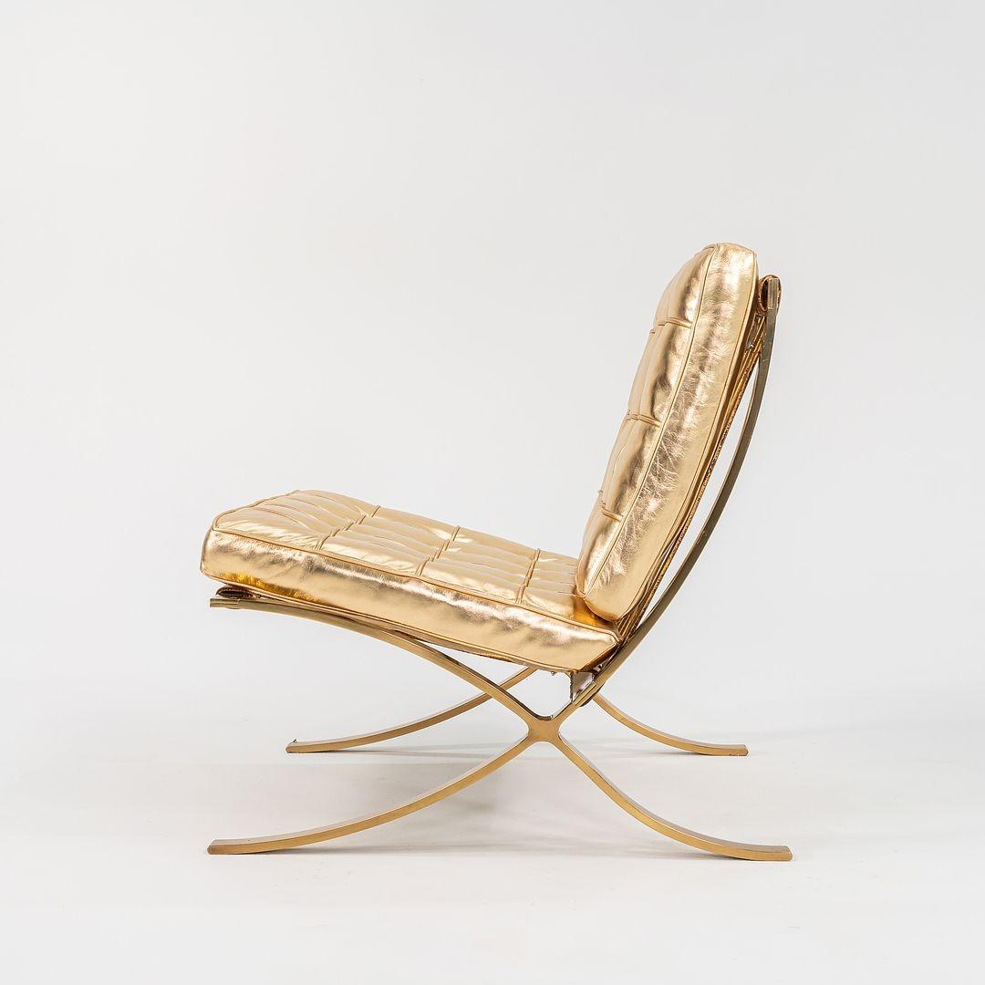 Contemporary Mies Van der Rohe Barcelona Chair in Gold Leaf Leather w/ Gold Plated Frame For Sale