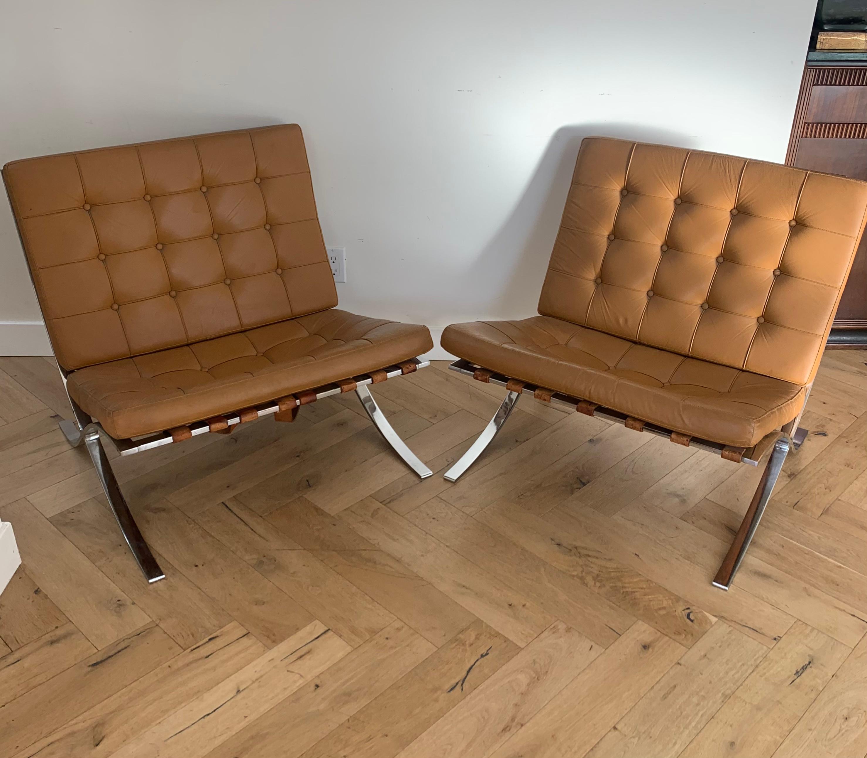 Bauhaus Mies Van Der Rohe Barcelona Chairs in Cognac, a Pair