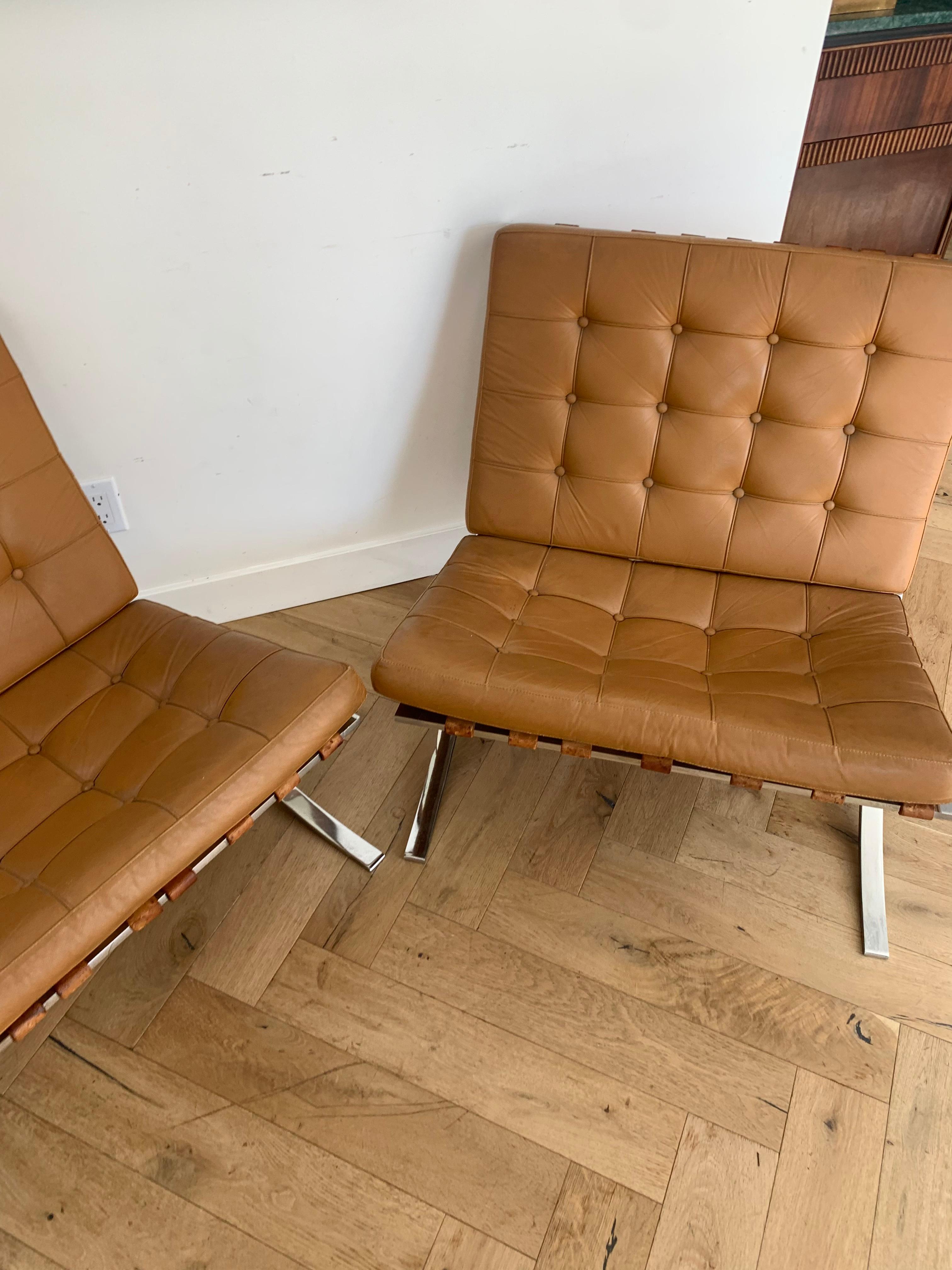 Mid-20th Century Mies Van Der Rohe Barcelona Chairs in Cognac, a Pair
