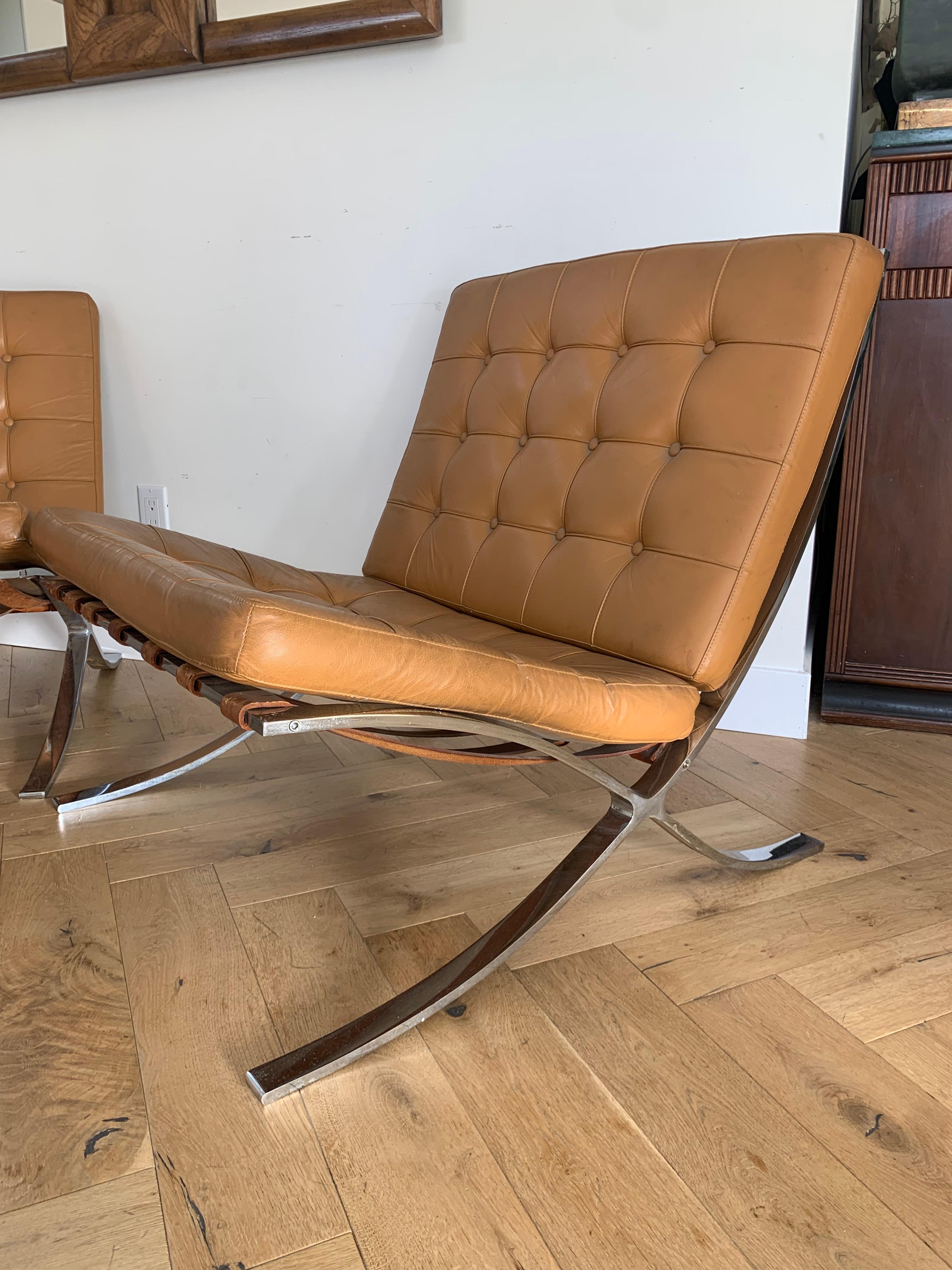 Chrome Mies Van Der Rohe Barcelona Chairs in Cognac, a Pair