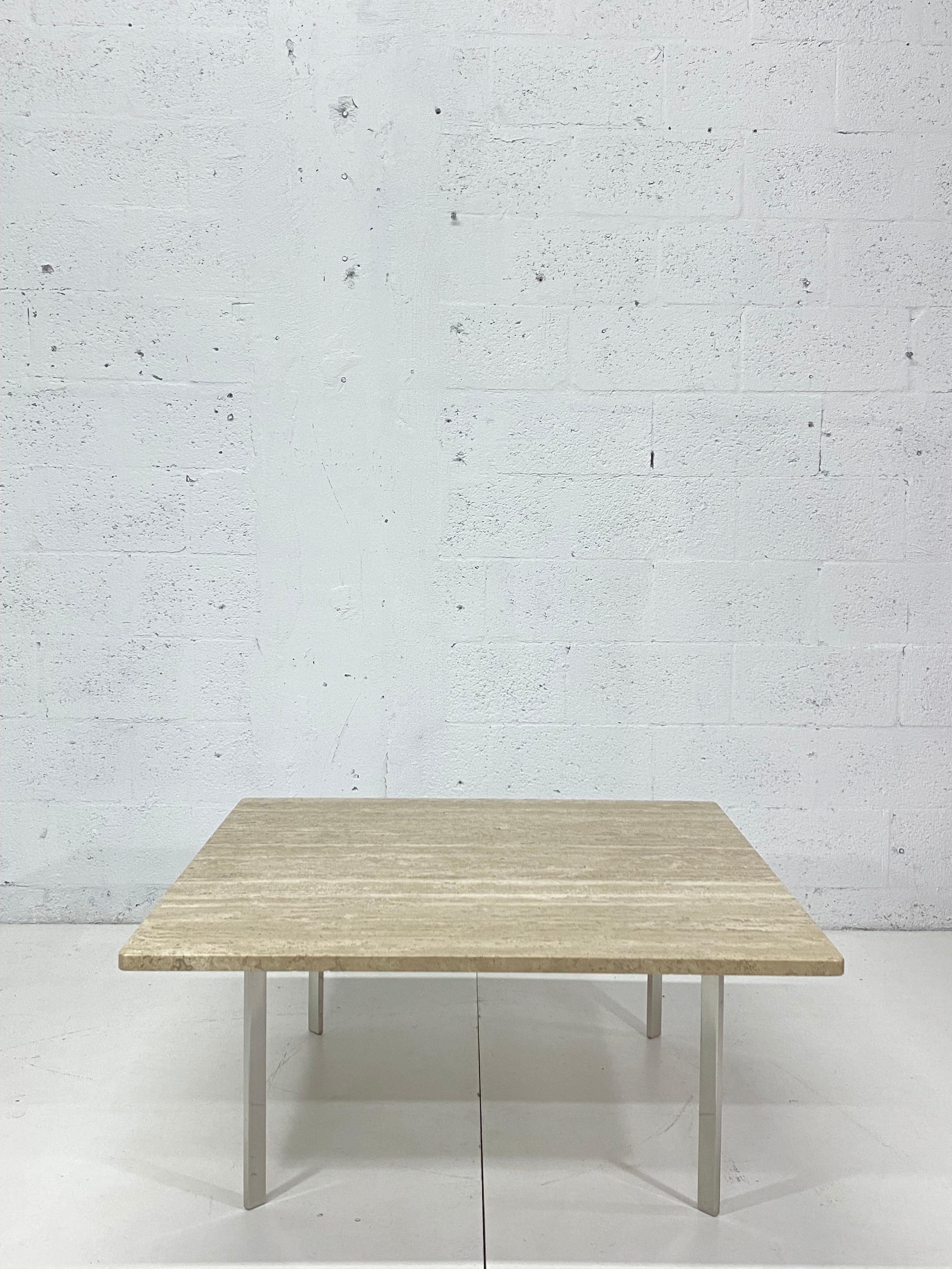 Custom Barcelona table with travertine top and authentic polished chrome steel base by Mies Van Der Rohe for Knoll International. Stamped KP (Knoll Products) under frame; no label on travertine.