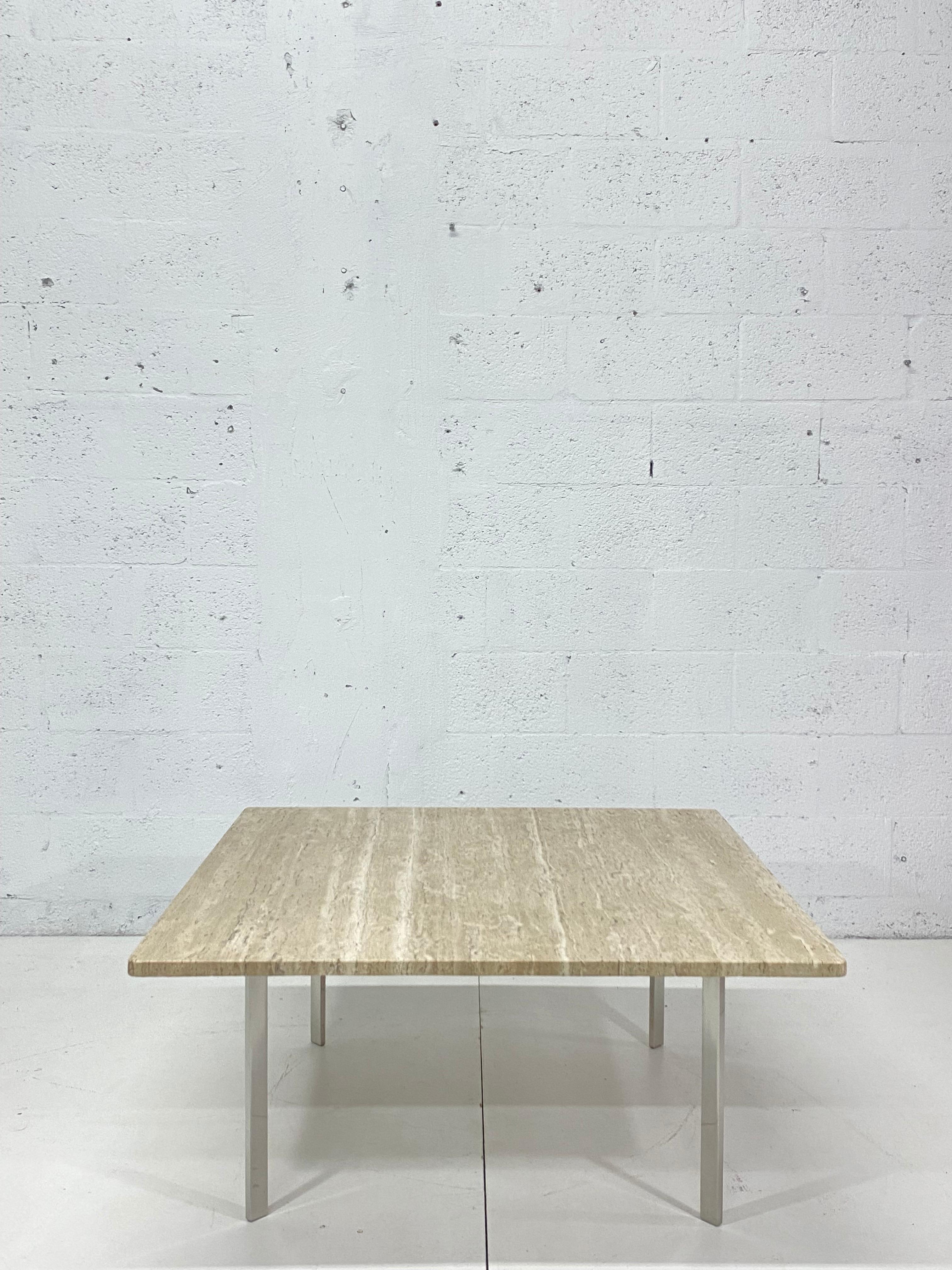 Mies Van Der Rohe Barcelona Table with Custom Travertine Top for Knoll In Good Condition In Miami, FL