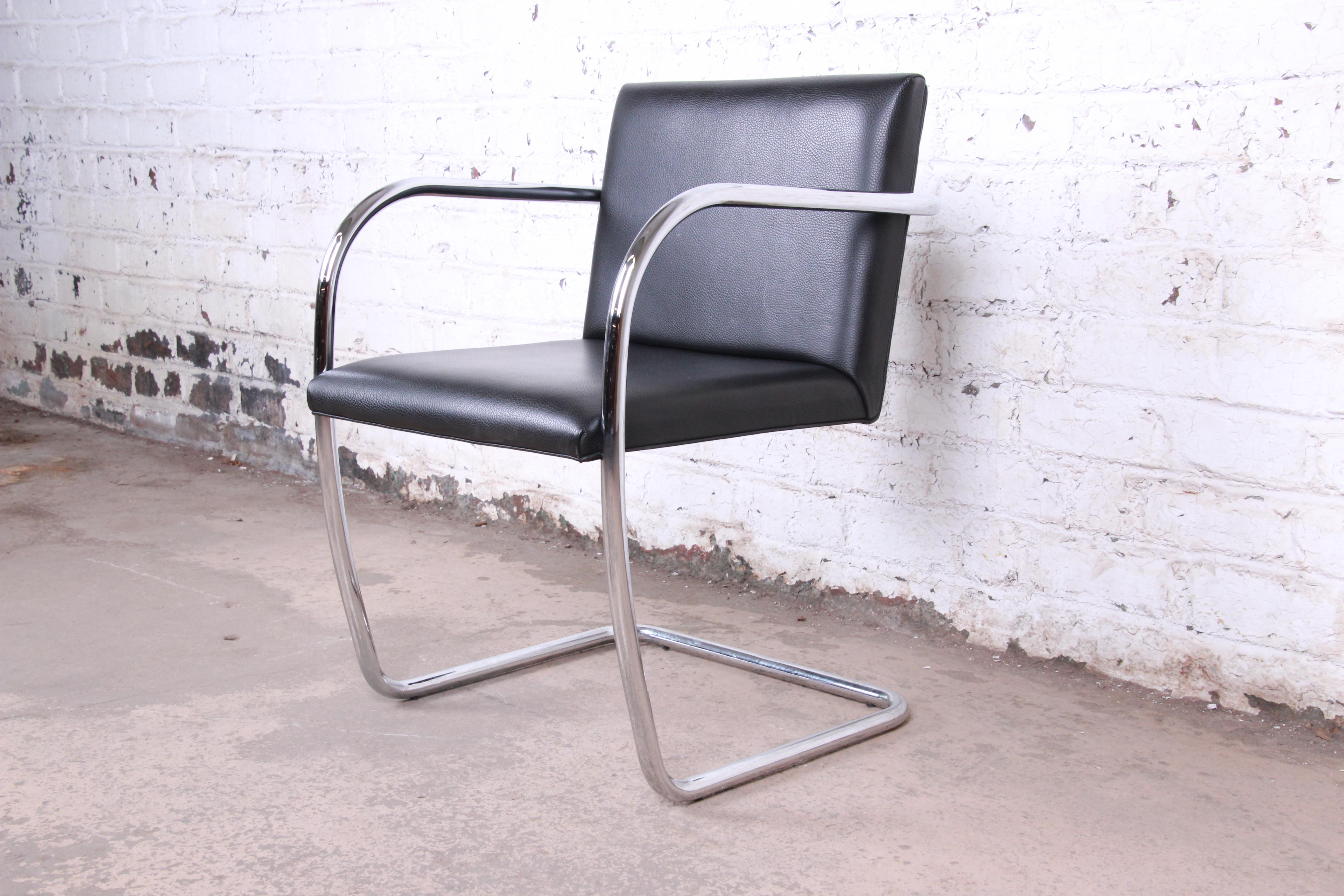 Mid-Century Modern Mies van der Rohe Black Leather and Chrome Brno Chair, Four Available