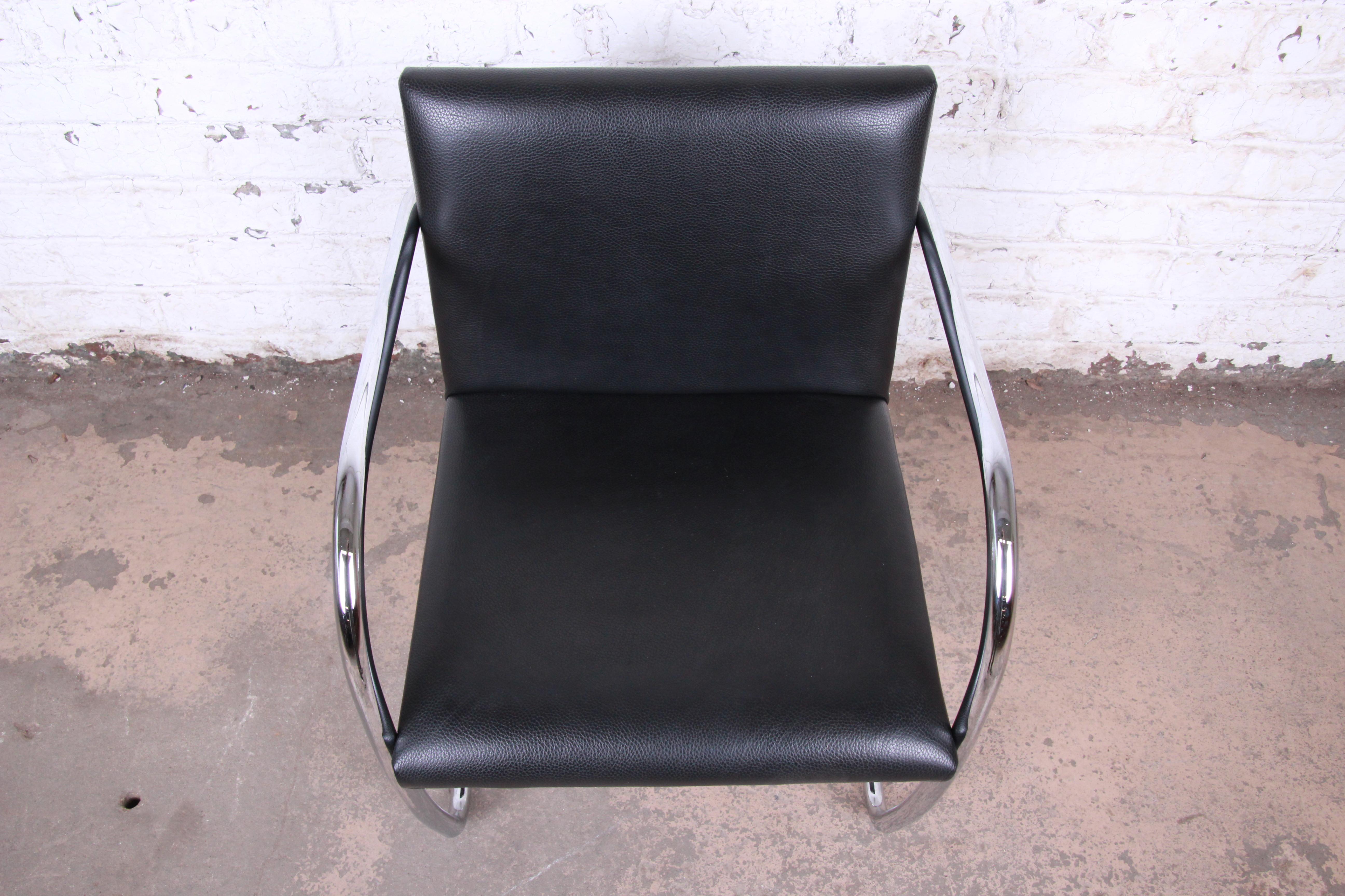Italian Mies van der Rohe Black Leather and Chrome Brno Chair, Four Available